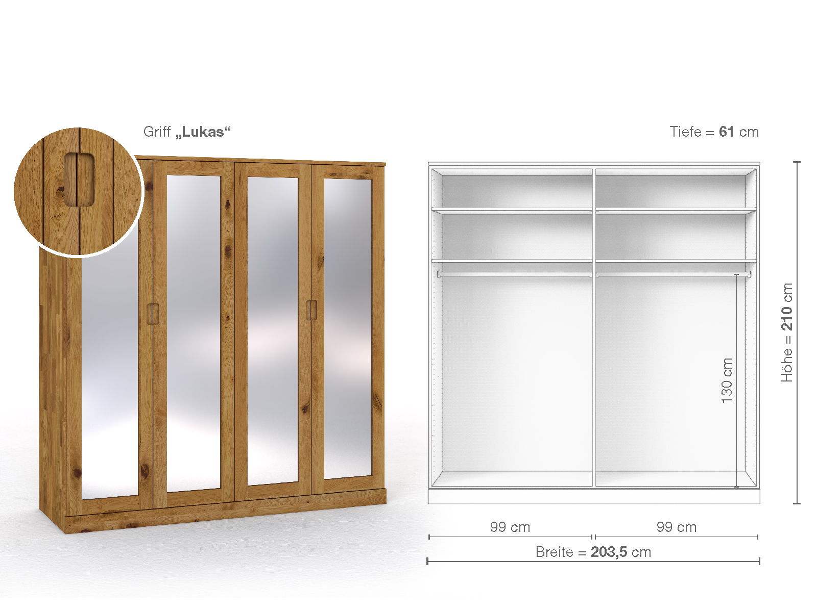 Schrank „Alpenrose“ aus Wildeiche, 4-türig, Höhe 210 cm, Griffausführung „Lukas“, Inneneinrichtung A