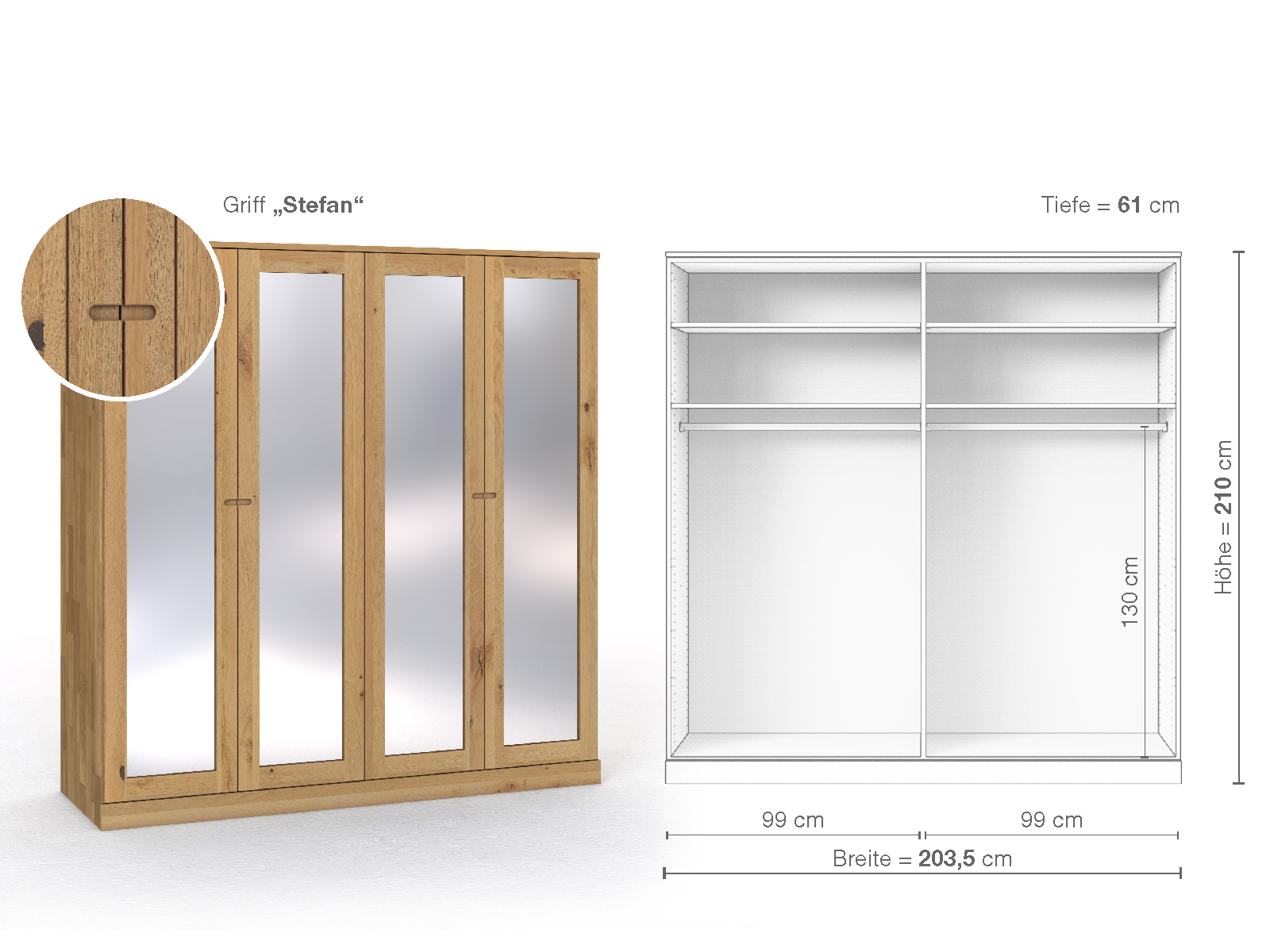 Schrank „Alpenrose“ aus Wildeiche Hell, 4-türig, Höhe 210 cm, Griffausführung „Stefan“, Inneneinrichtung A