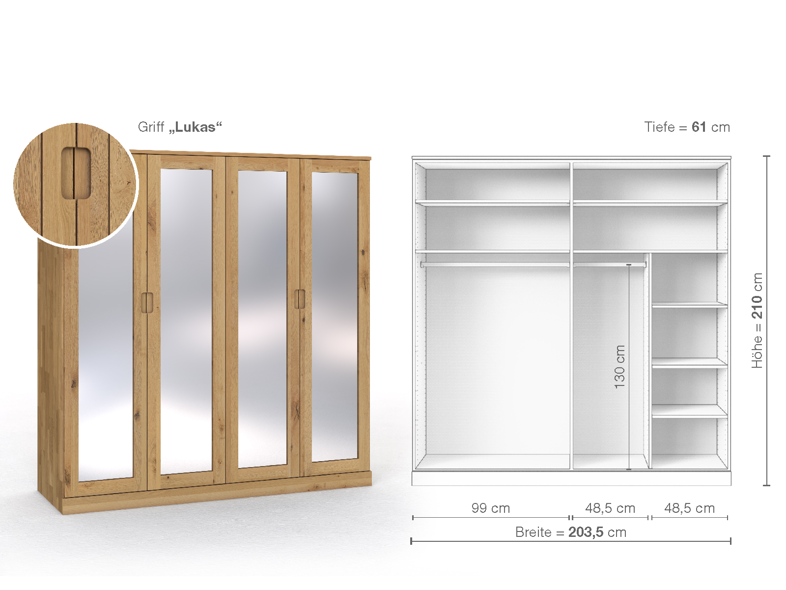 Schrank „Alpenrose“ aus Wildeiche Hell, 4-türig, Höhe 210 cm, Griffausführung „Lukas“, Inneneinrichtung B