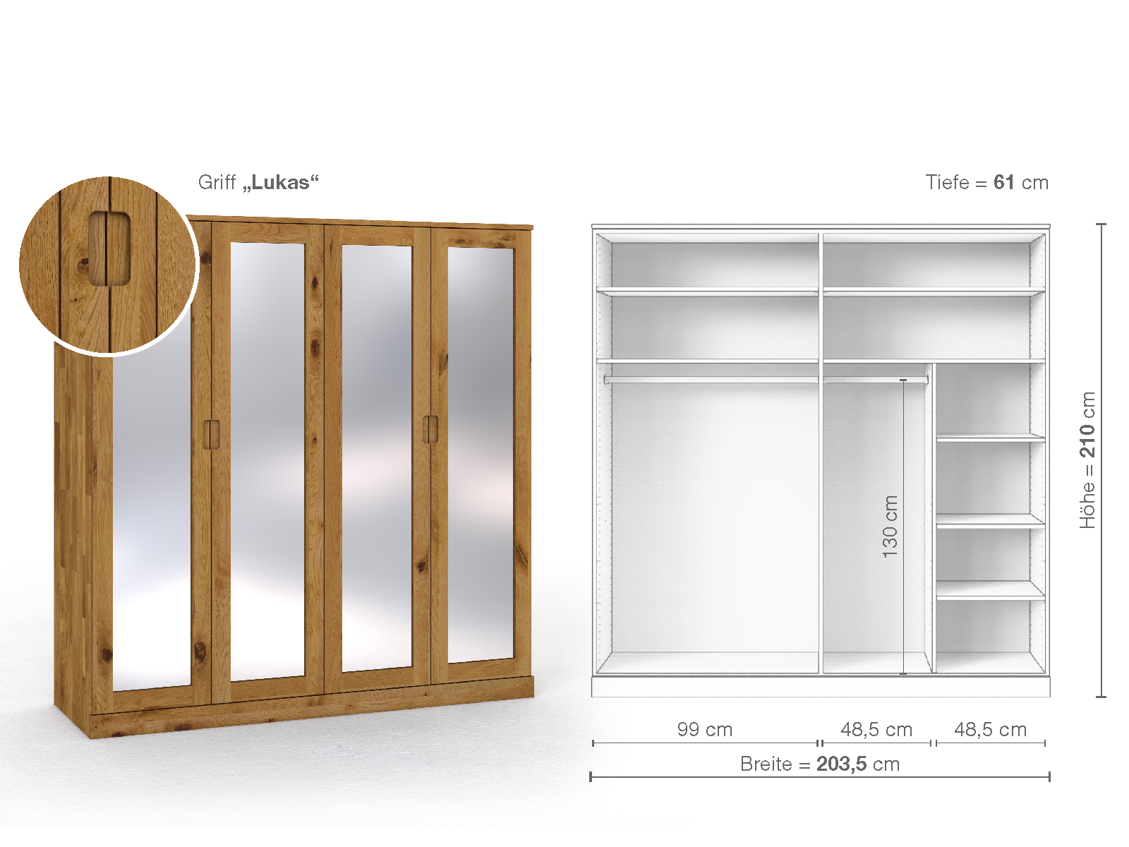 Schrank „Alpenrose“ aus Wildeiche, 4-türig, Höhe 210 cm, Griffausführung „Lukas“, Inneneinrichtung B