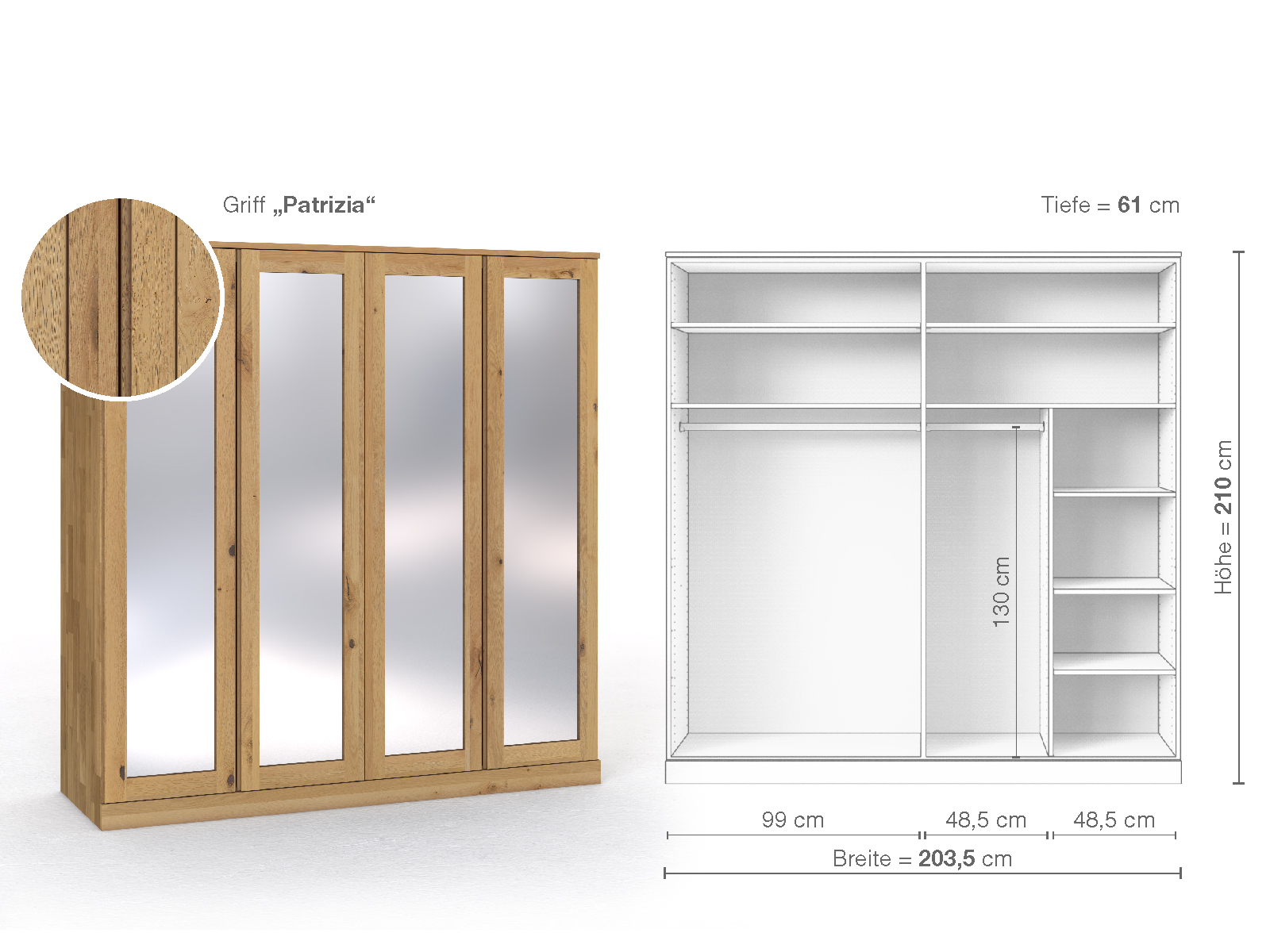 Schrank „Alpenrose“ aus Wildeiche Hell, 4-türig, Höhe 210 cm, Griffausführung „Patrizia“, Inneneinrichtung B