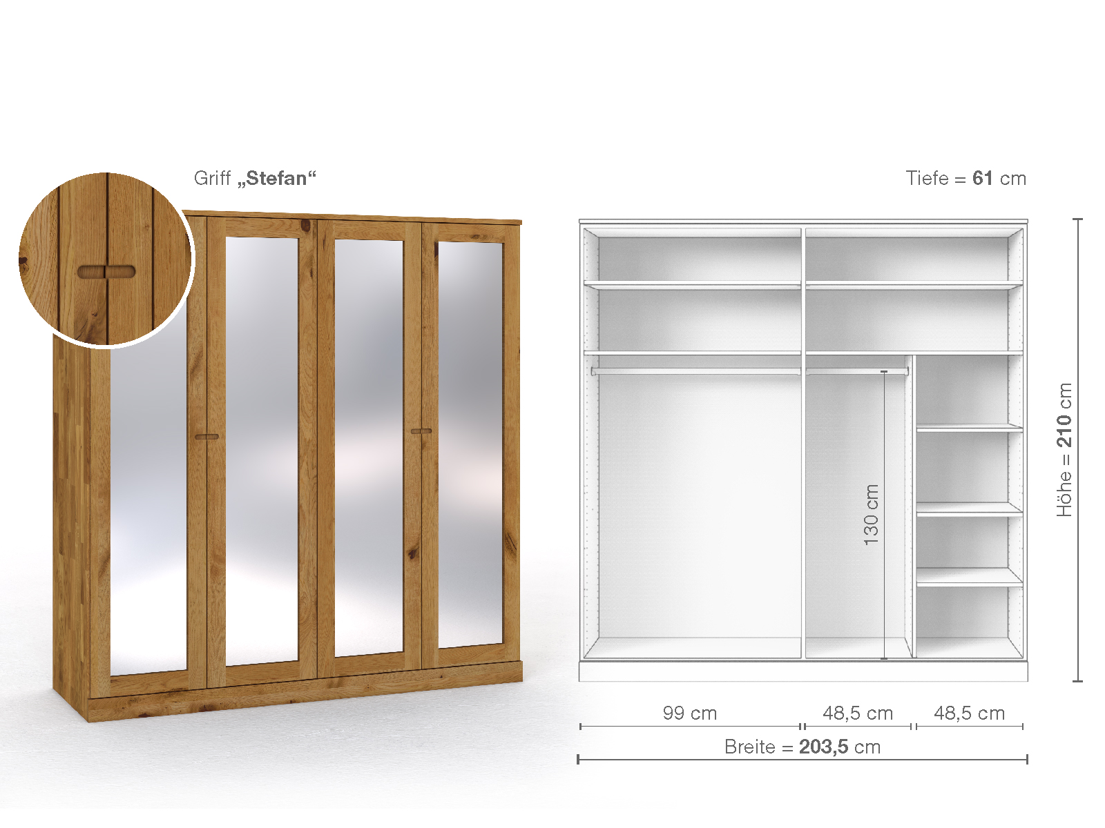 Schrank „Alpenrose“ aus Wildeiche, 4-türig, Höhe 210 cm, Griffausführung „Stefan“, Inneneinrichtung B