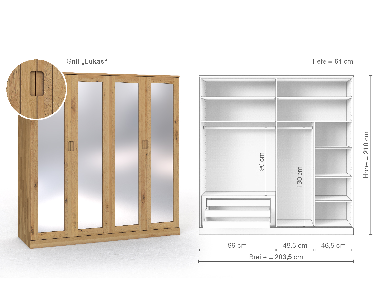 Schrank „Alpenrose“ aus Wildeiche Hell, 4-türig, Höhe 210 cm, Griffausführung „Lukas“, Inneneinrichtung C