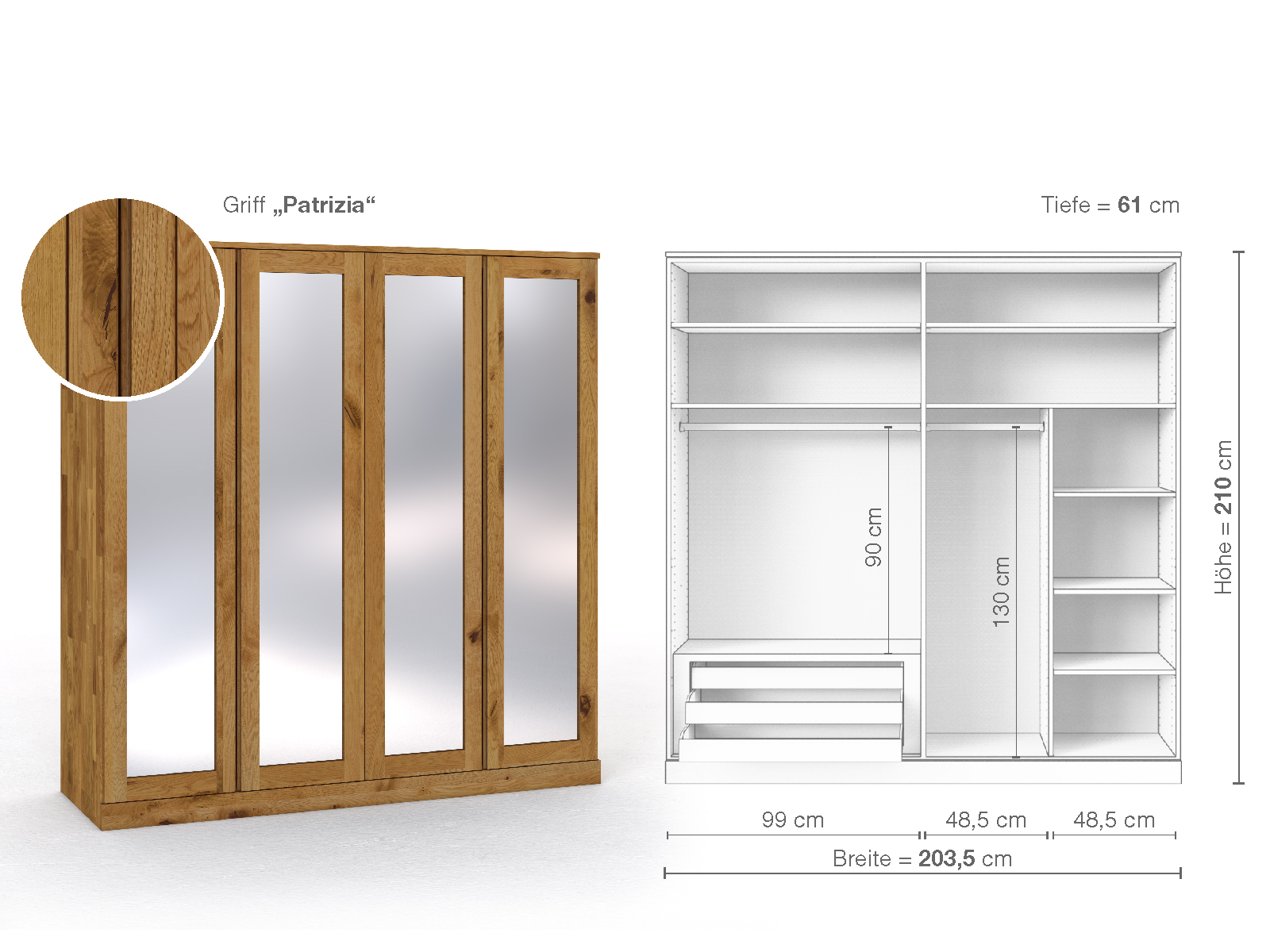 Schrank „Alpenrose“ aus Wildeiche, 4-türig, Höhe 210 cm, Griffausführung „Patrizia“, Inneneinrichtung C