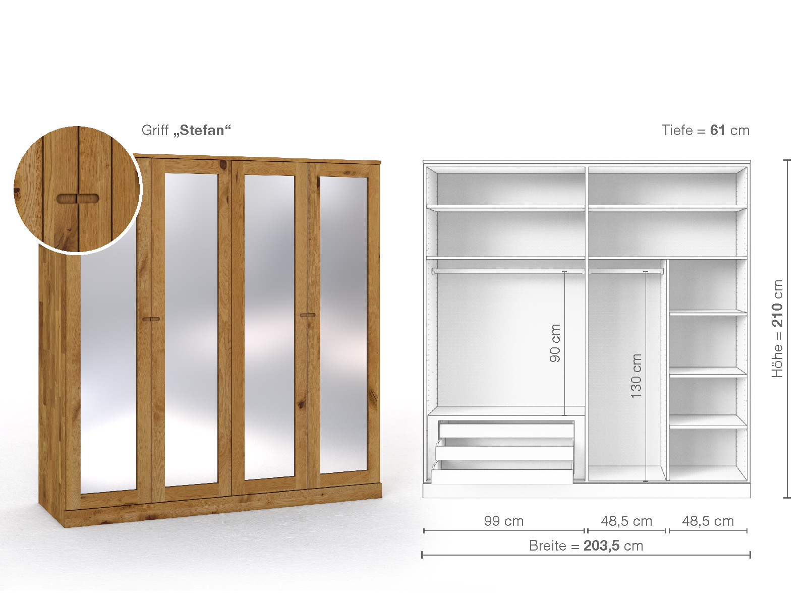 Schrank „Alpenrose“ aus Wildeiche, 4-türig, Höhe 210 cm, Griffausführung „Stefan“, Inneneinrichtung C