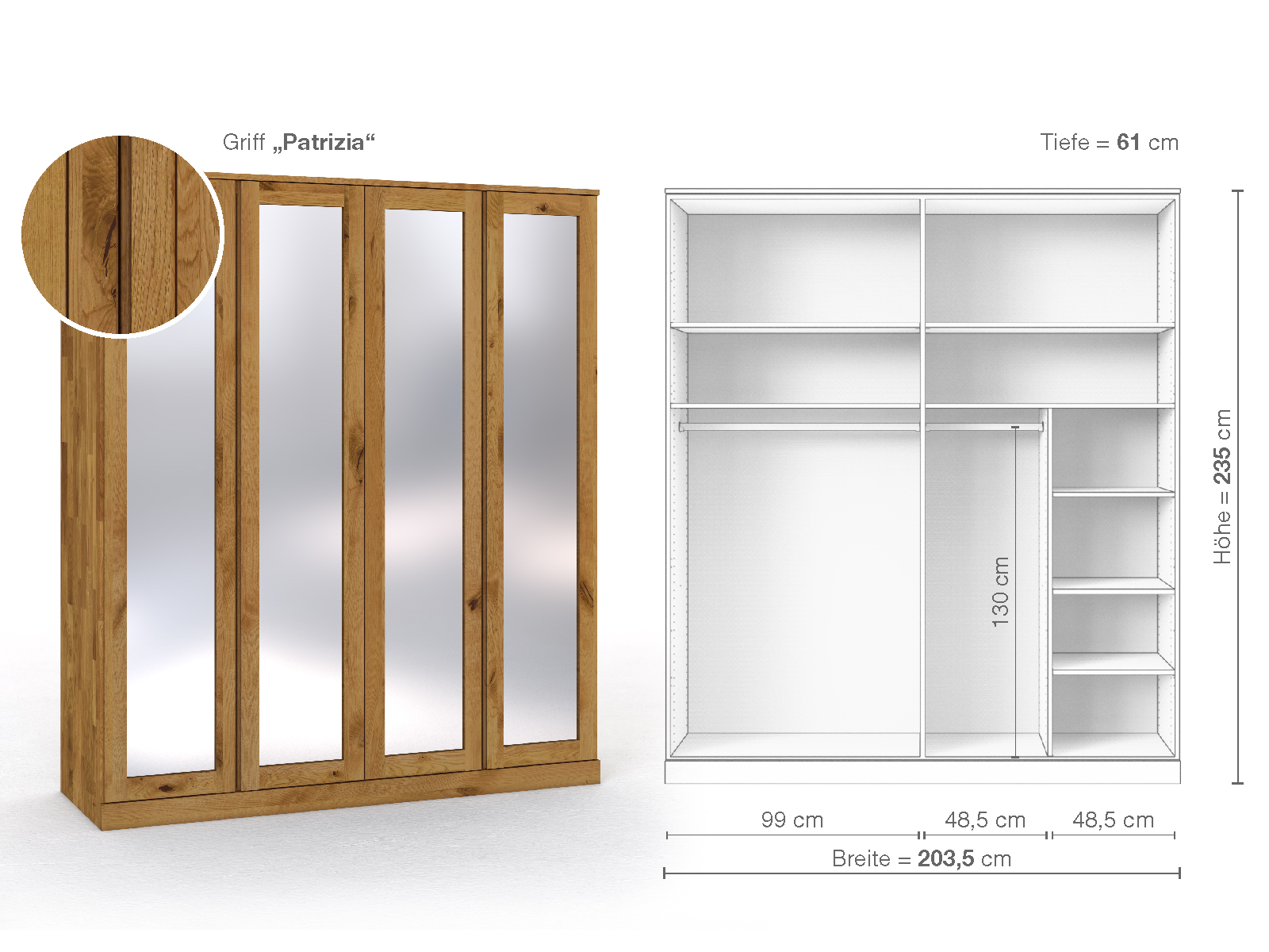 Schrank „Alpenrose“ aus Wildeiche, 4-türig, Höhe 235 cm, Griffausführung „Patrizia“, Inneneinrichtung B