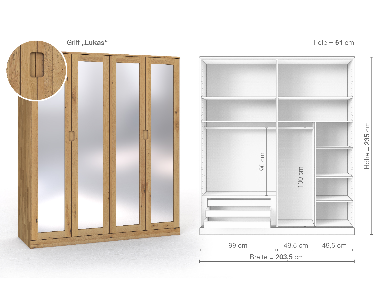 Schrank „Alpenrose“ aus Wildeiche Hell, 4-türig, Höhe 235 cm, Griffausführung „Lukas“, Inneneinrichtung C