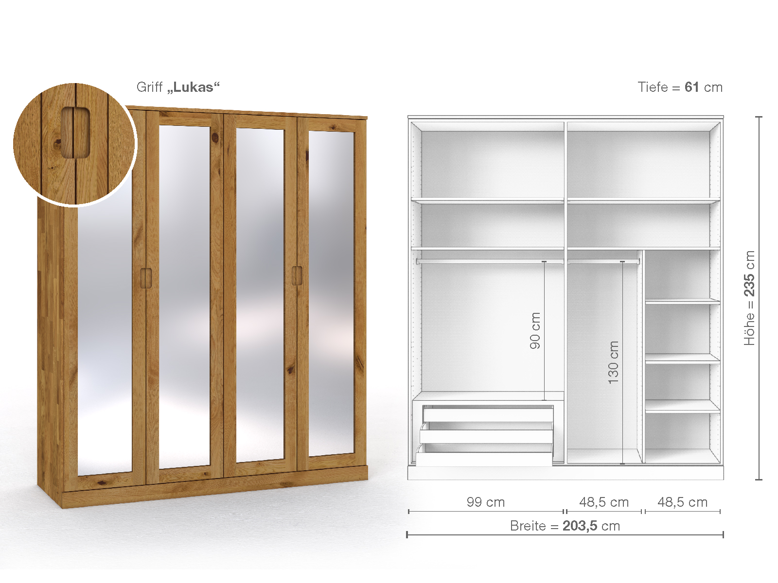 Schrank „Alpenrose“ aus Wildeiche, 4-türig, Höhe 235 cm, Griffausführung „Lukas“, Inneneinrichtung C