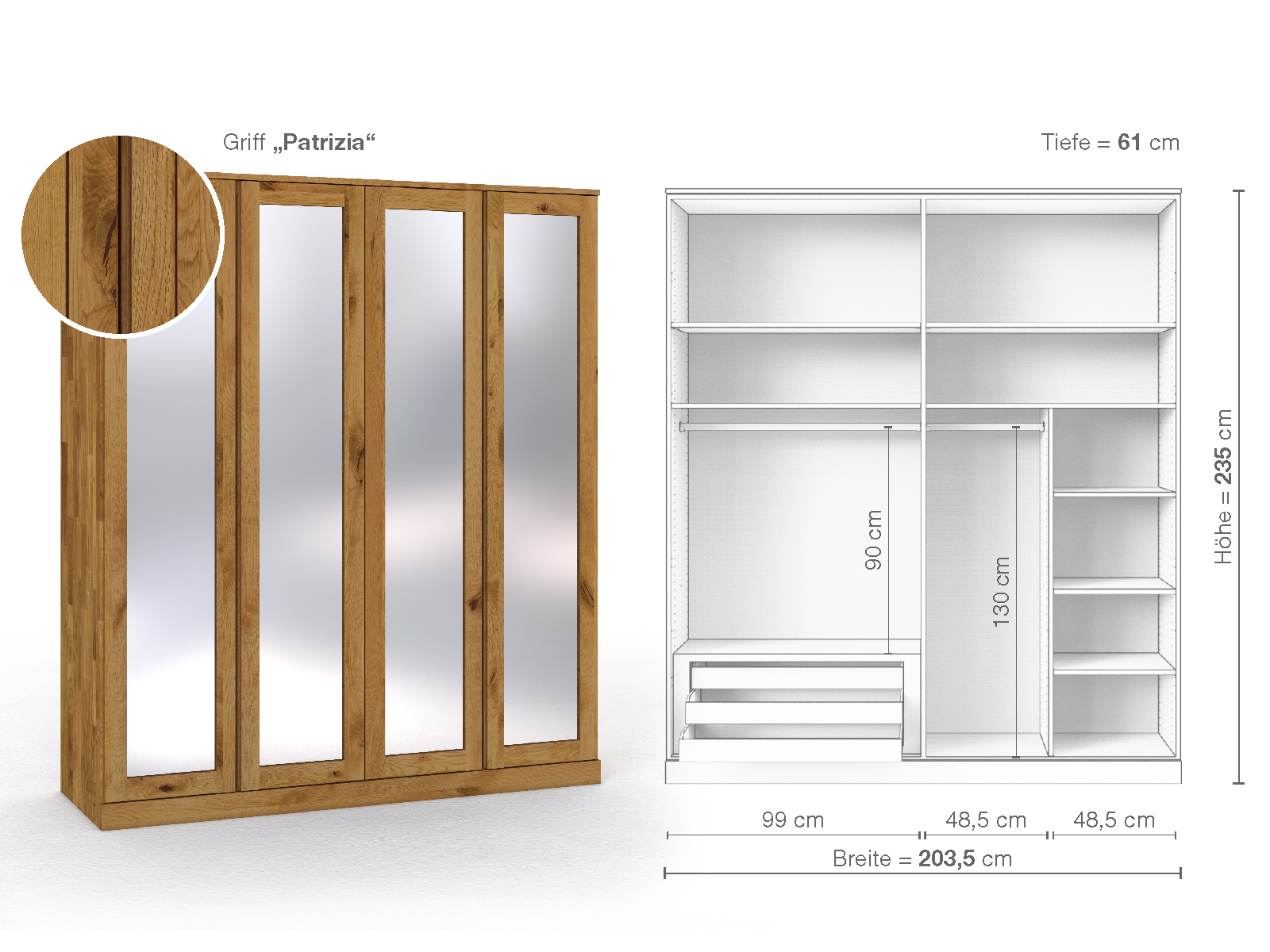 Schrank „Alpenrose“ aus Wildeiche, 4-türig, Höhe 235 cm, Griffausführung „Patrizia“, Inneneinrichtung C