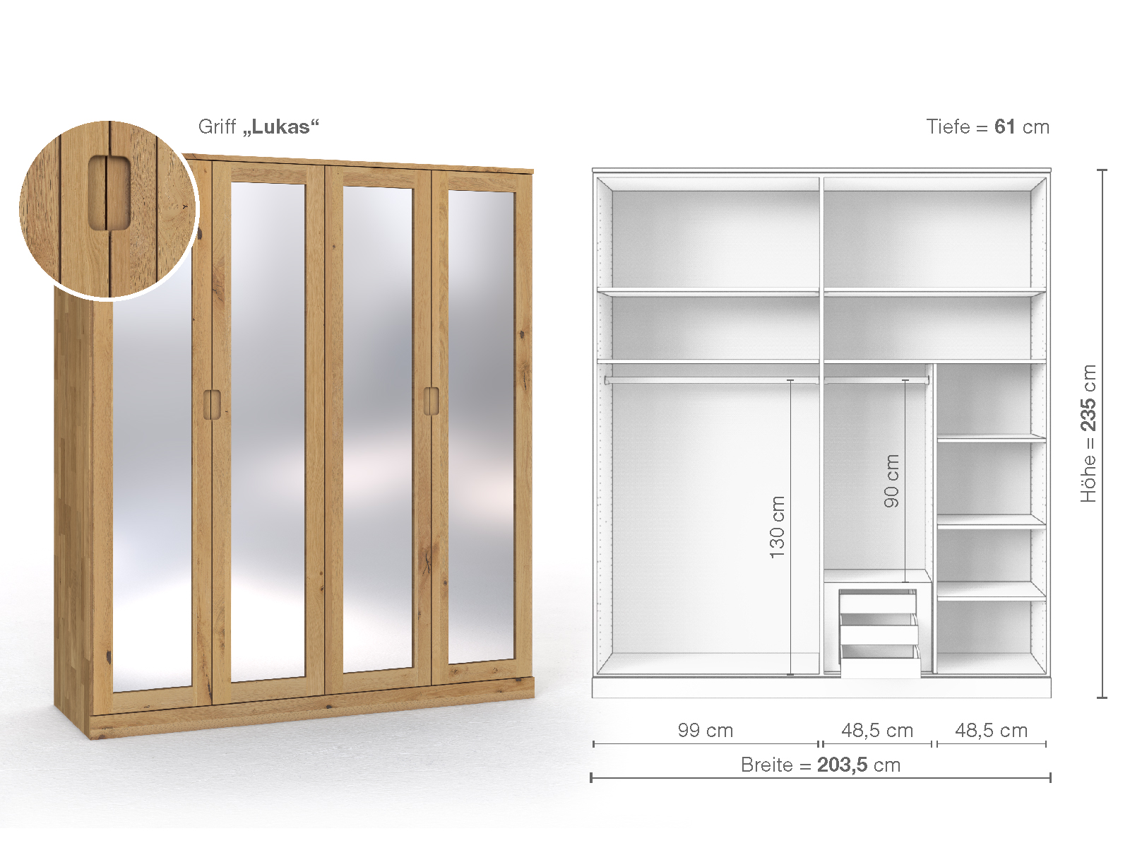 Schrank „Alpenrose“ aus Wildeiche Hell, 4-türig, Höhe 235 cm, Griffausführung „Lukas“, Inneneinrichtung D