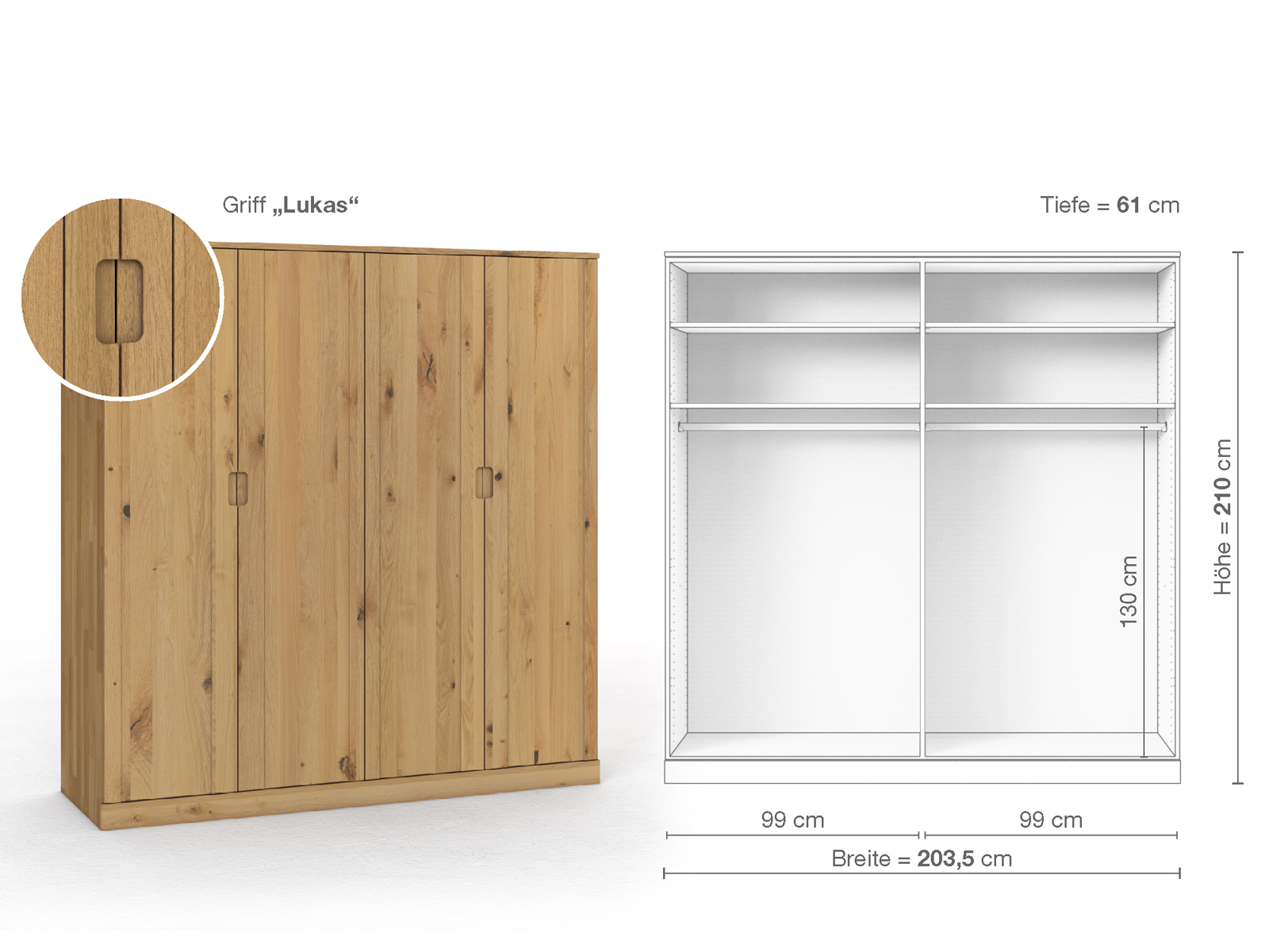 Wildeichenschrank Hell „Arnika“, 4-türig, Höhe 210 cm, Griffausführung „Lukas“, Inneneinrichtung A