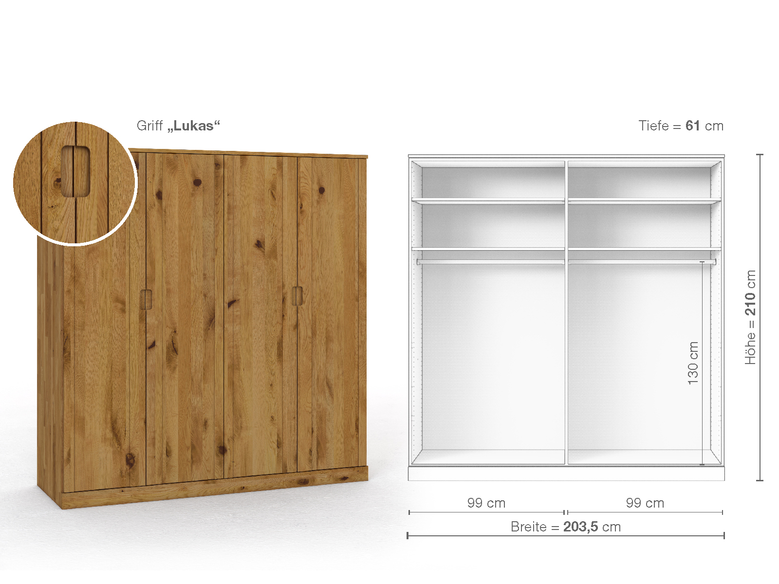 Wildeichenschrank „Arnika“, 4-türig, Höhe 210 cm, Griffausführung „Lukas“, Inneneinrichtung A