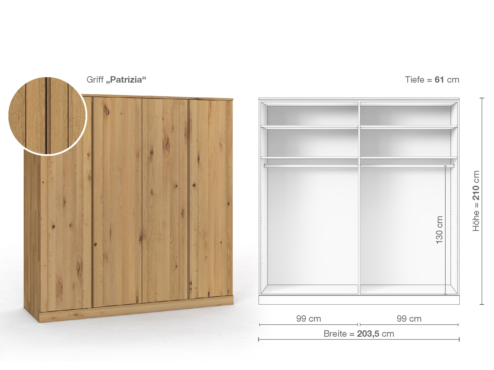 Wildeichenschrank Hell „Arnika“, 4-türig, Höhe 210 cm, Griffausführung „Patrizia“, Inneneinrichtung A