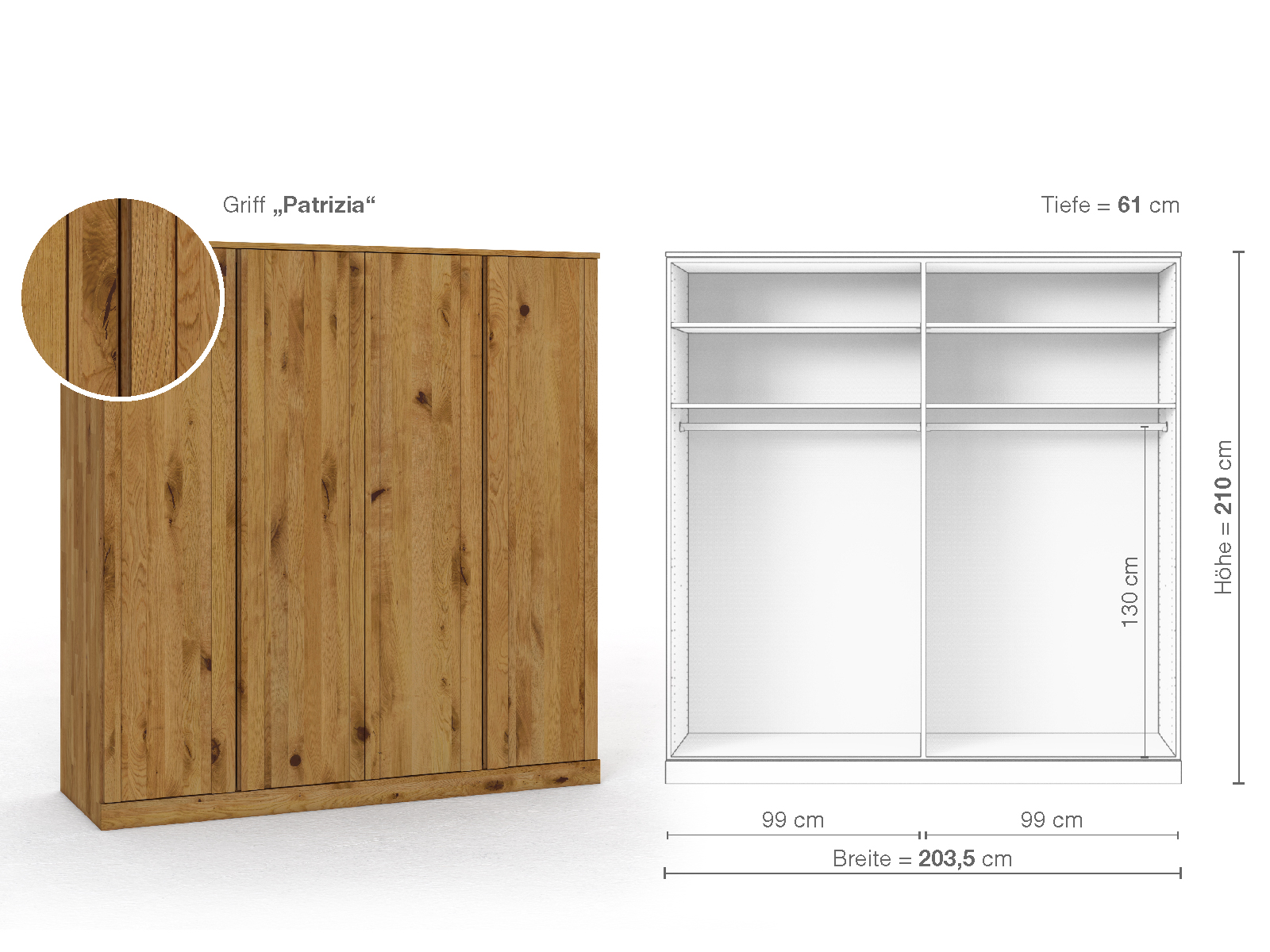 Wildeichenschrank „Arnika“, 4-türig, Höhe 210 cm, Griffausführung „Patrizia“, Inneneinrichtung A