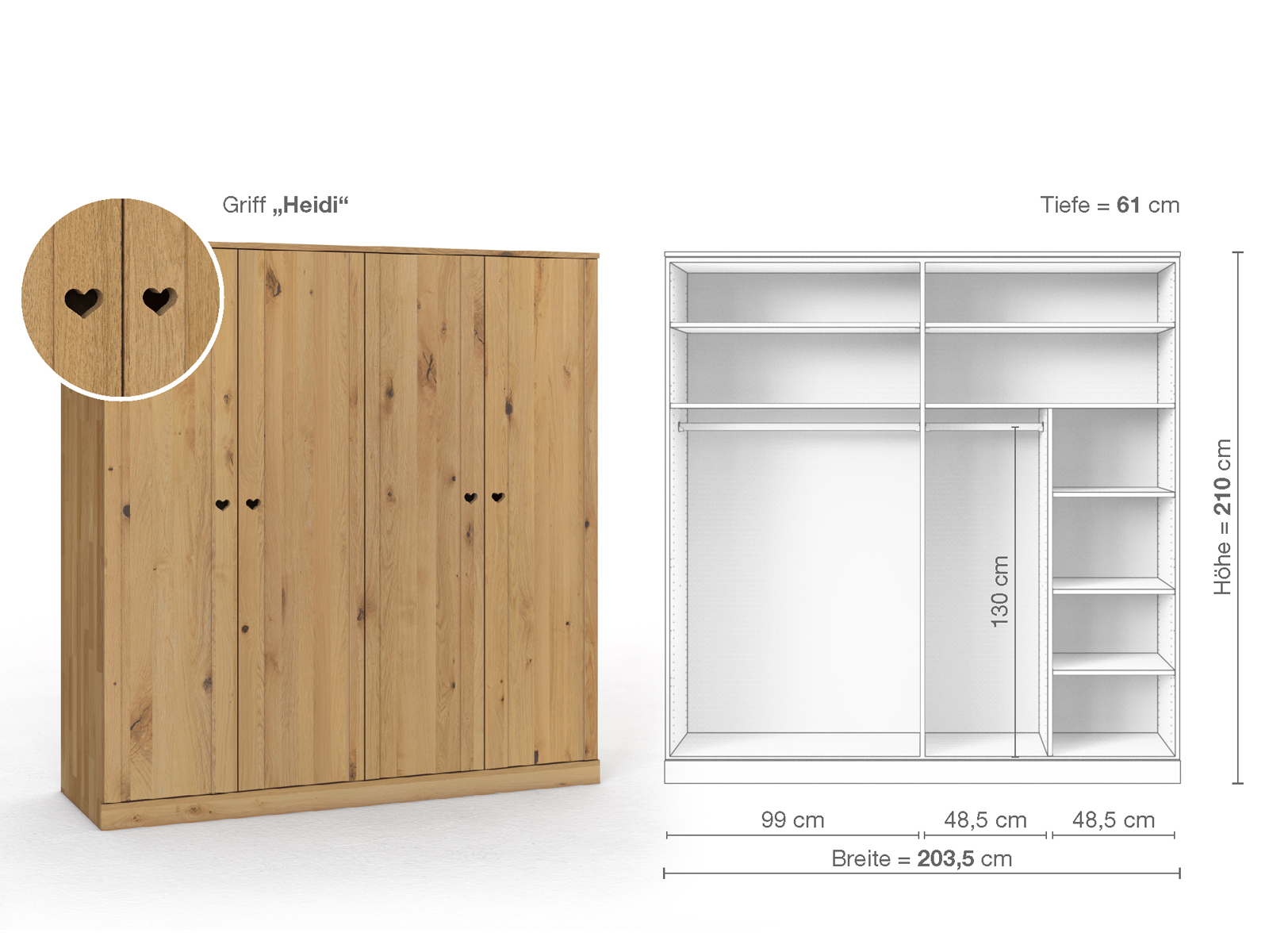 Wildeichenschrank Hell „Arnika“, 4-türig, Höhe 210 cm, Griffausführung „Heidi“, Inneneinrichtung B