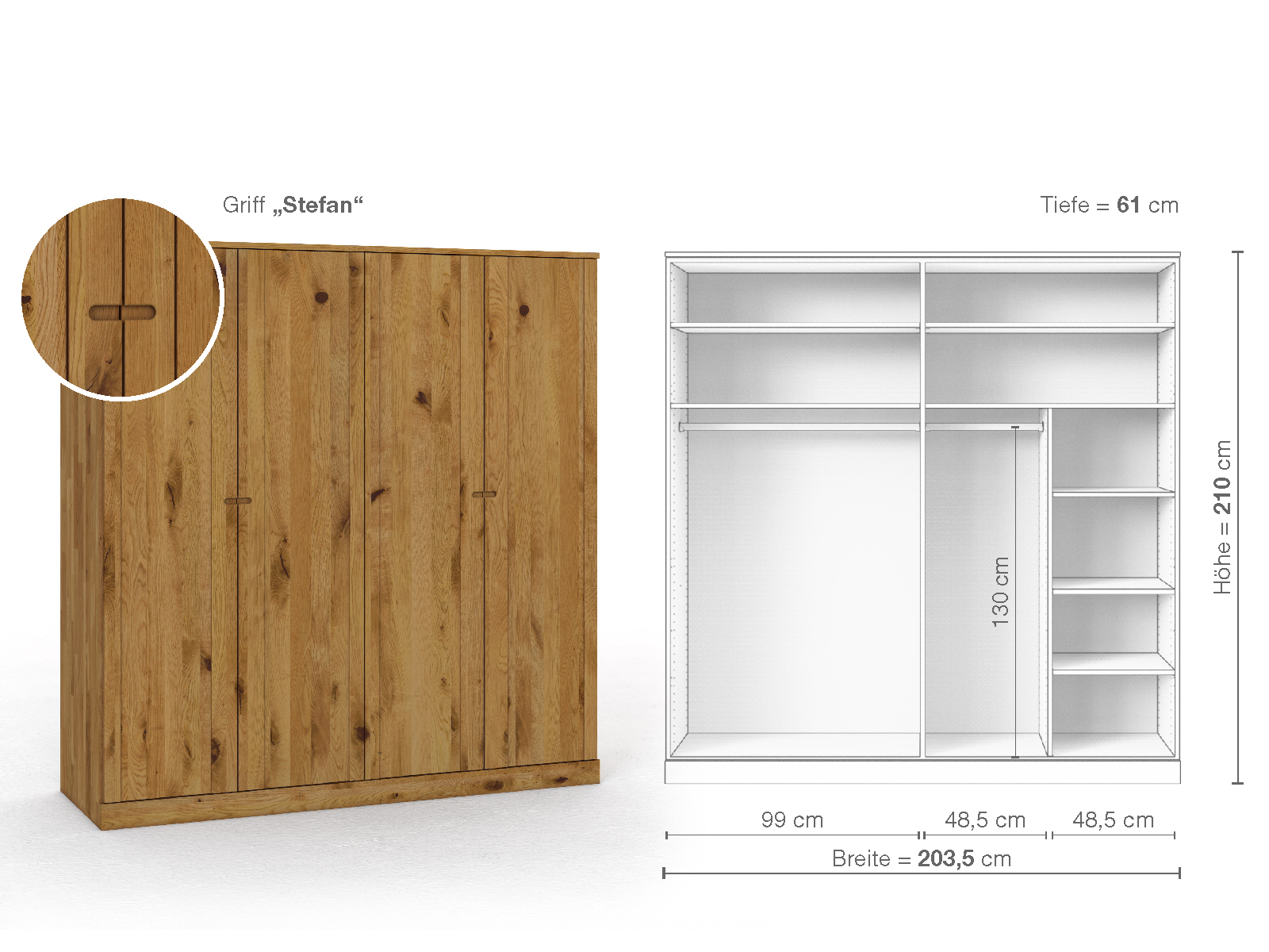 Wildeichenschrank „Arnika“, 4-türig, Höhe 210 cm, Griffausführung „Stefan“, Inneneinrichtung B