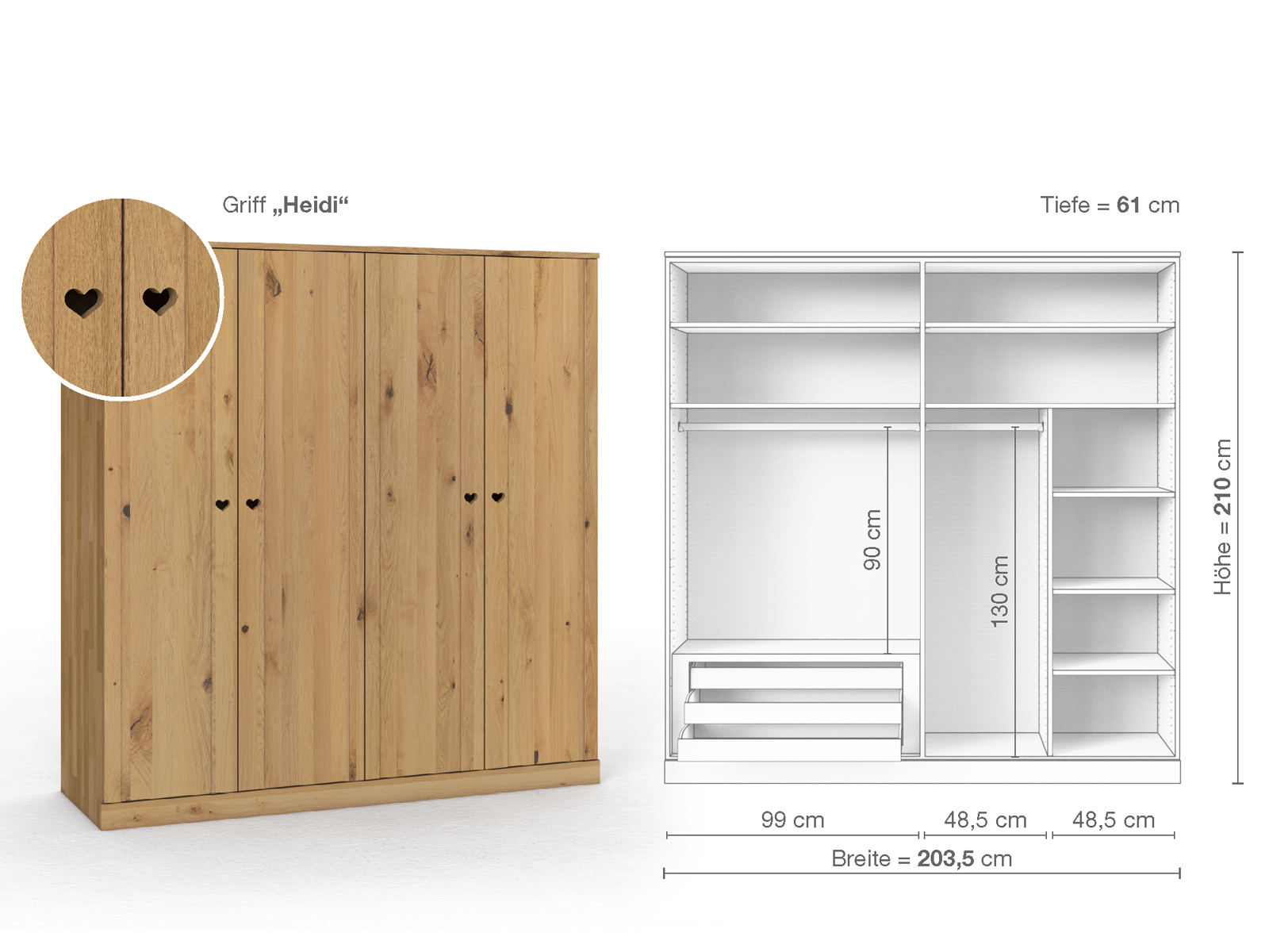 Wildeichenschrank Hell „Arnika“, 4-türig, Höhe 210 cm, Griffausführung „Heidi“, Inneneinrichtung C