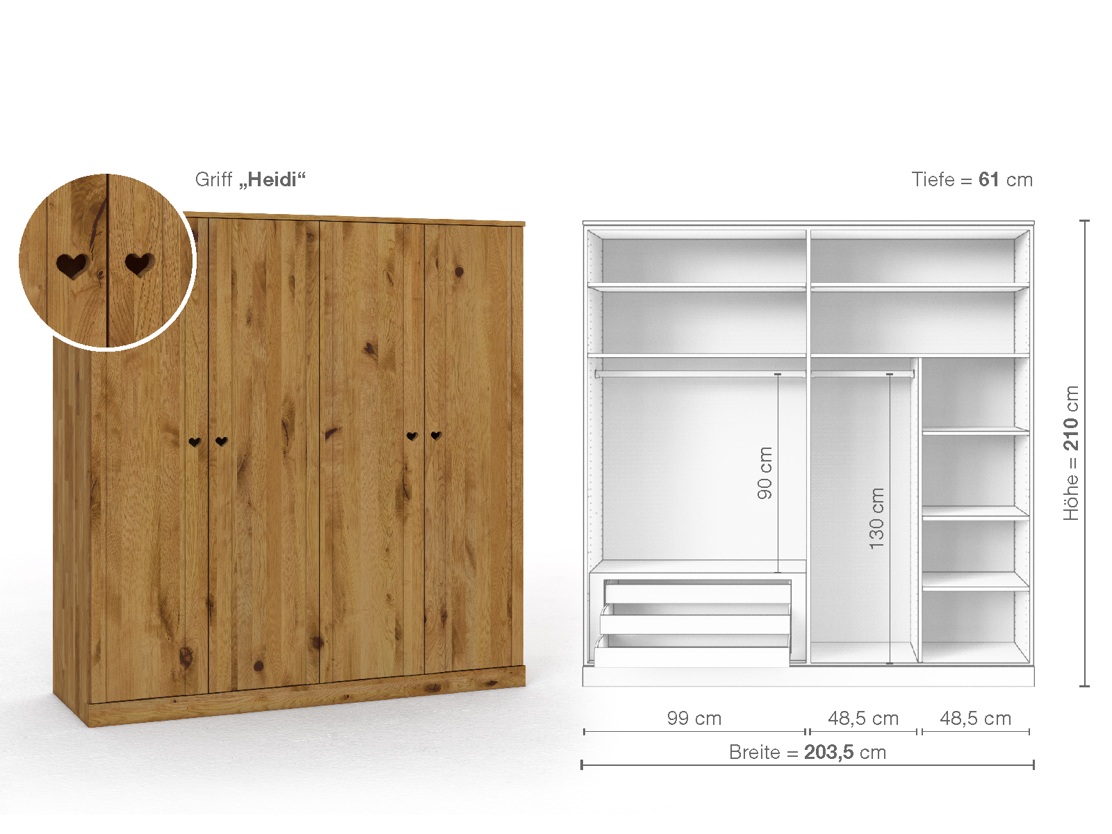 Wildeichenschrank „Arnika“, 4-türig, Höhe 210 cm, Griffausführung „Heidi“, Inneneinrichtung C