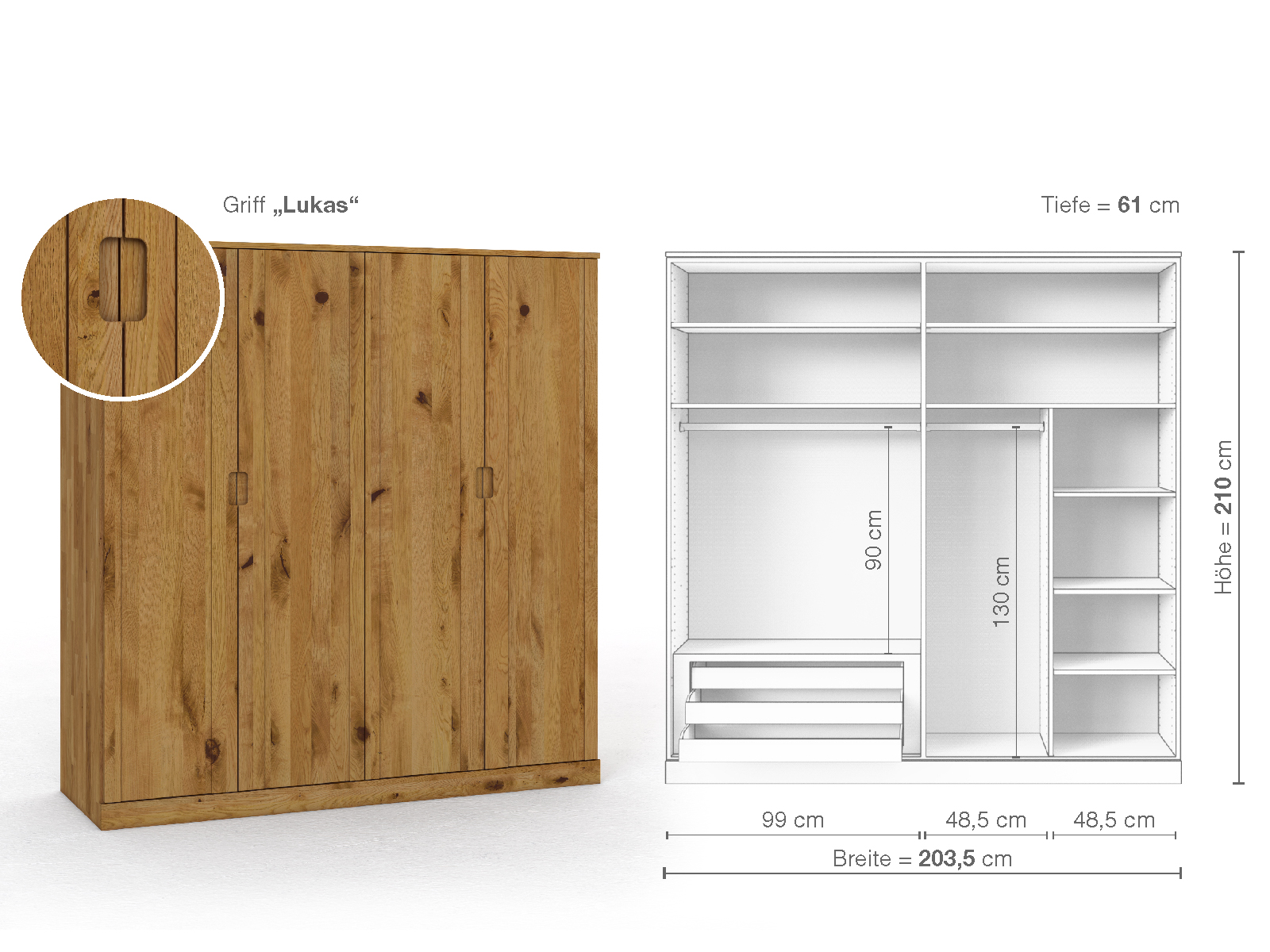 Wildeichenschrank „Arnika“, 4-türig, Höhe 210 cm, Griffausführung „Lukas“, Inneneinrichtung C