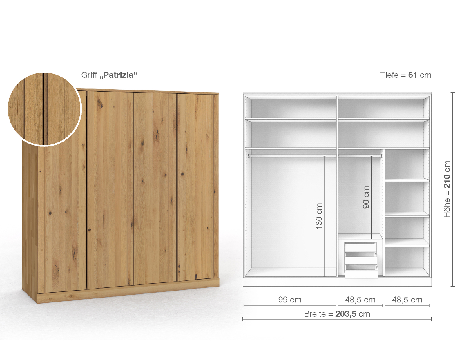 Wildeichenschrank Hell „Arnika“, 4-türig, Höhe 210 cm, Griffausführung „Patrizia“, Inneneinrichtung D