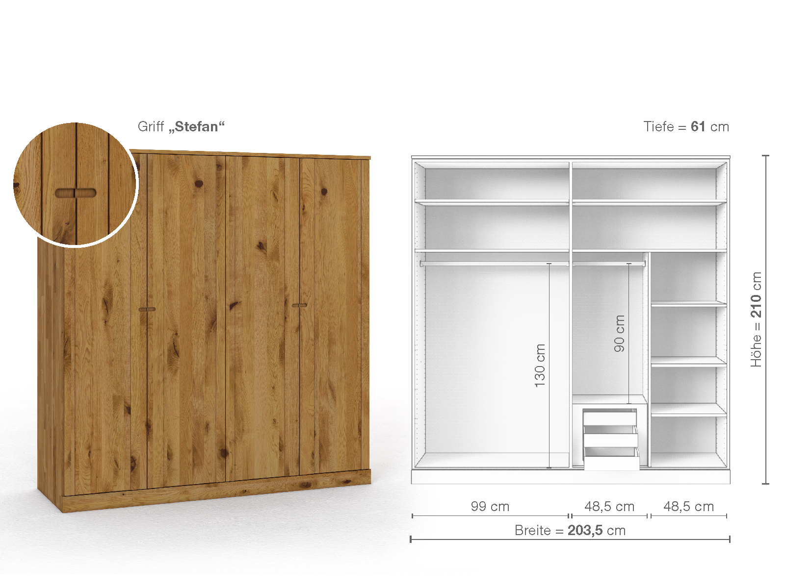 Wildeichenschrank „Arnika“, 4-türig, Höhe 210 cm, Griffausführung „Stefan“, Inneneinrichtung D