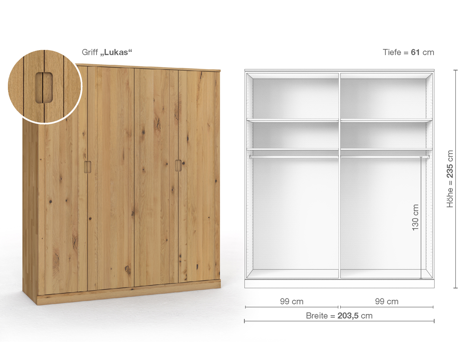 Wildeichenschrank Hell „Arnika“, 4-türig, Höhe 235 cm, Griffausführung „Lukas“, Inneneinrichtung A