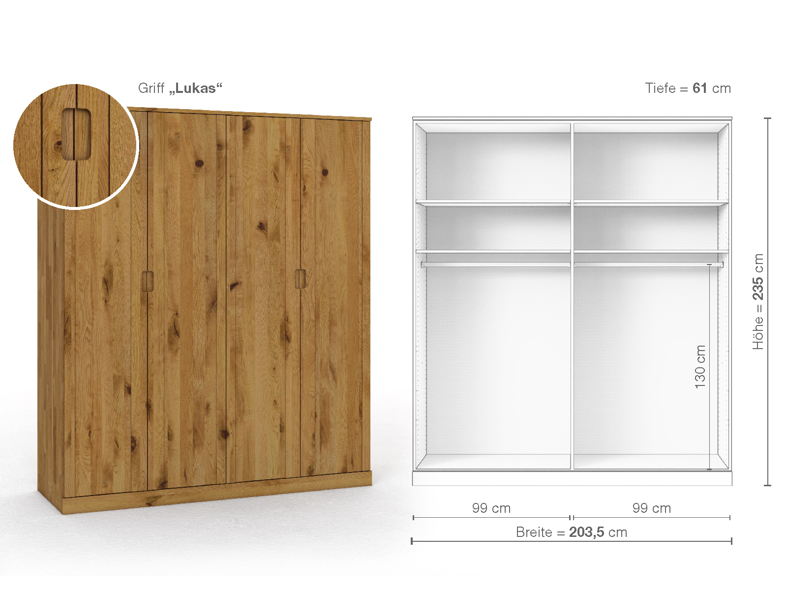 Wildeichenschrank „Arnika“, 4-türig, Höhe 235 cm, Griffausführung „Lukas“, Inneneinrichtung A