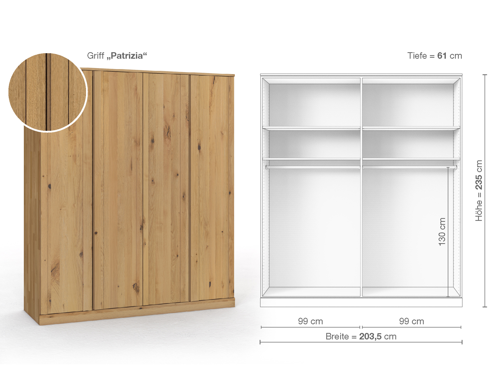 Wildeichenschrank Hell „Arnika“, 4-türig, Höhe 235 cm, Griffausführung „Patrizia“, Inneneinrichtung A