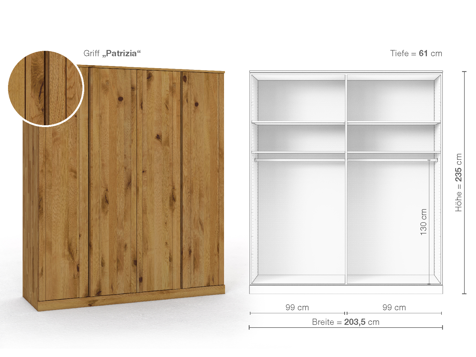 Wildeichenschrank „Arnika“, 4-türig, Höhe 235 cm, Griffausführung „Patrizia“, Inneneinrichtung A