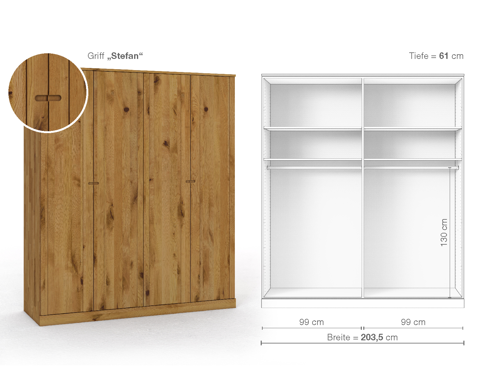 Wildeichenschrank „Arnika“, 4-türig, Höhe 235 cm, Griffausführung „Stefan“, Inneneinrichtung A