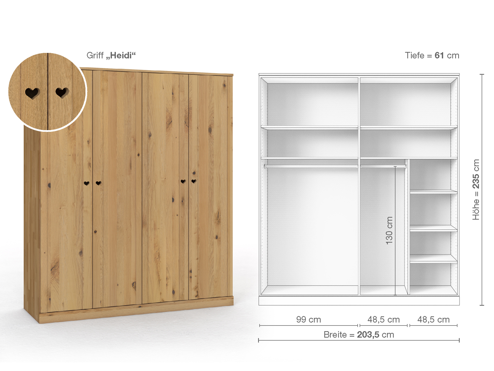 Wildeichenschrank Hell „Arnika“, 4-türig, Höhe 235 cm, Griffausführung „Heidi“, Inneneinrichtung B