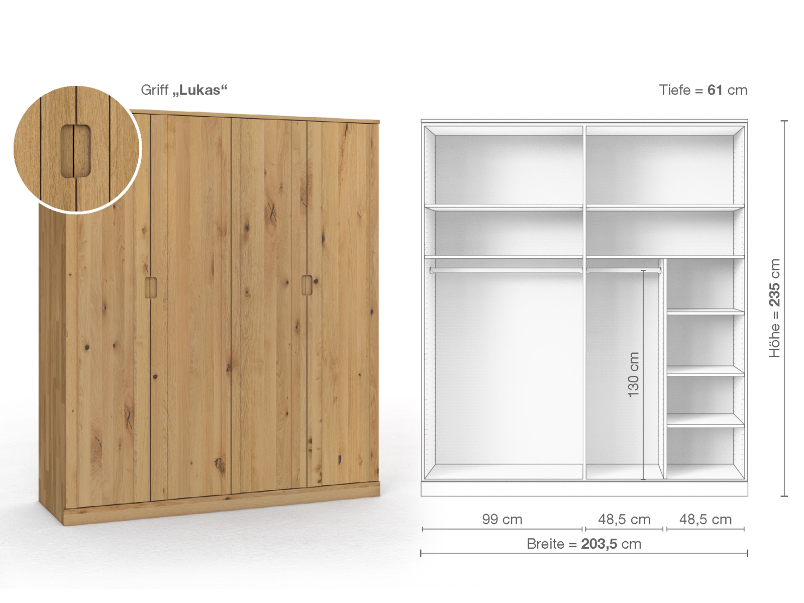 Wildeichenschrank Hell „Arnika“, 4-türig, Höhe 235 cm, Griffausführung „Lukas“, Inneneinrichtung B