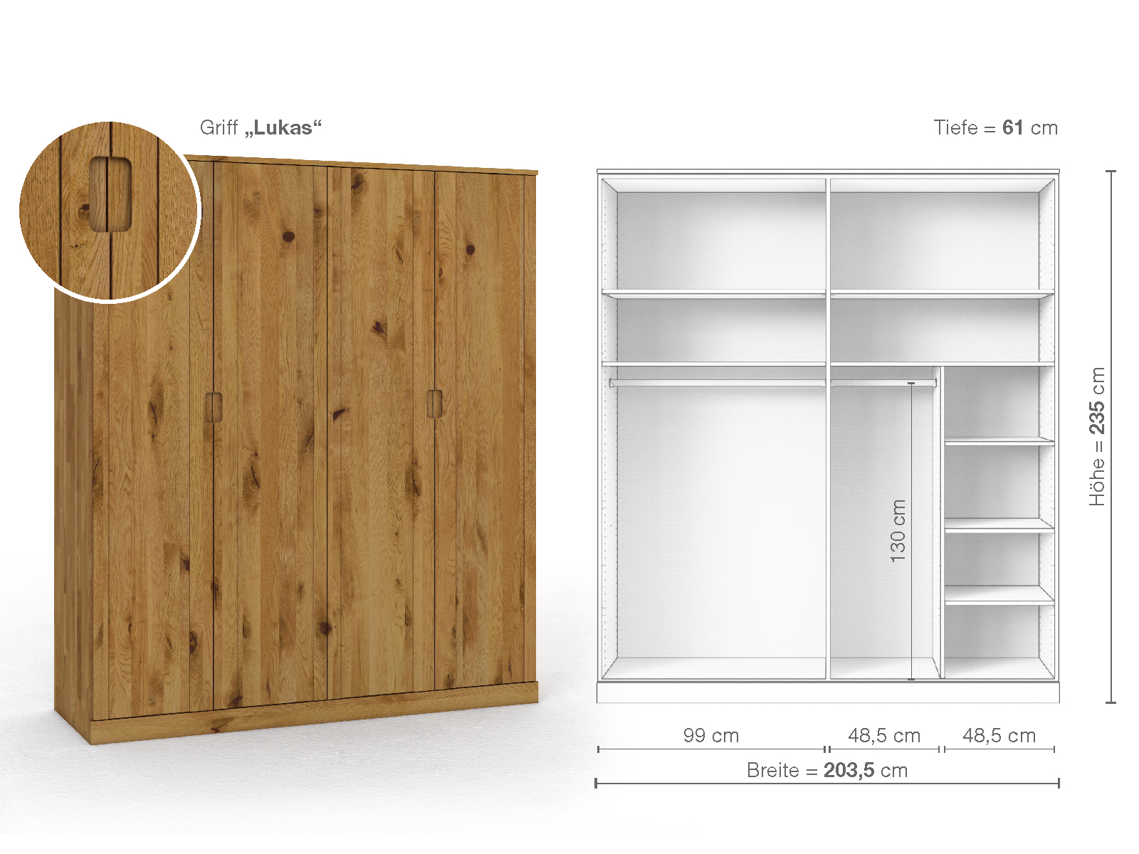 Wildeichenschrank „Arnika“, 4-türig, Höhe 235 cm, Griffausführung „Lukas“, Inneneinrichtung B