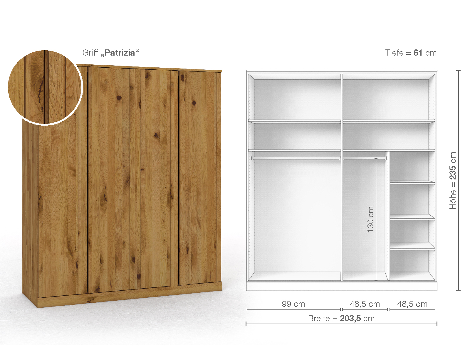 Wildeichenschrank „Arnika“, 4-türig, Höhe 235 cm, Griffausführung „Patrizia“, Inneneinrichtung B