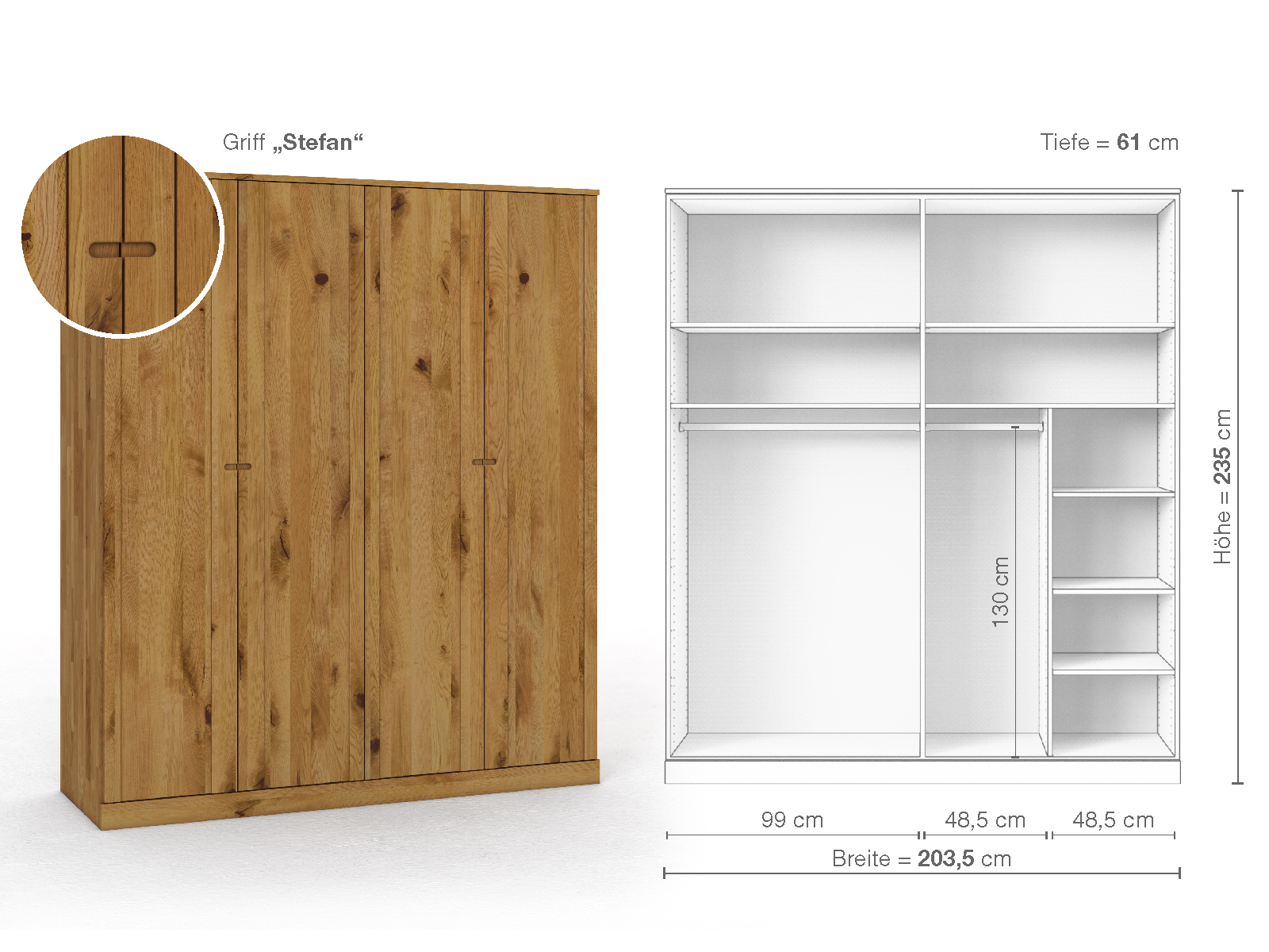 Wildeichenschrank „Arnika“, 4-türig, Höhe 235 cm, Griffausführung „Stefan“, Inneneinrichtung B