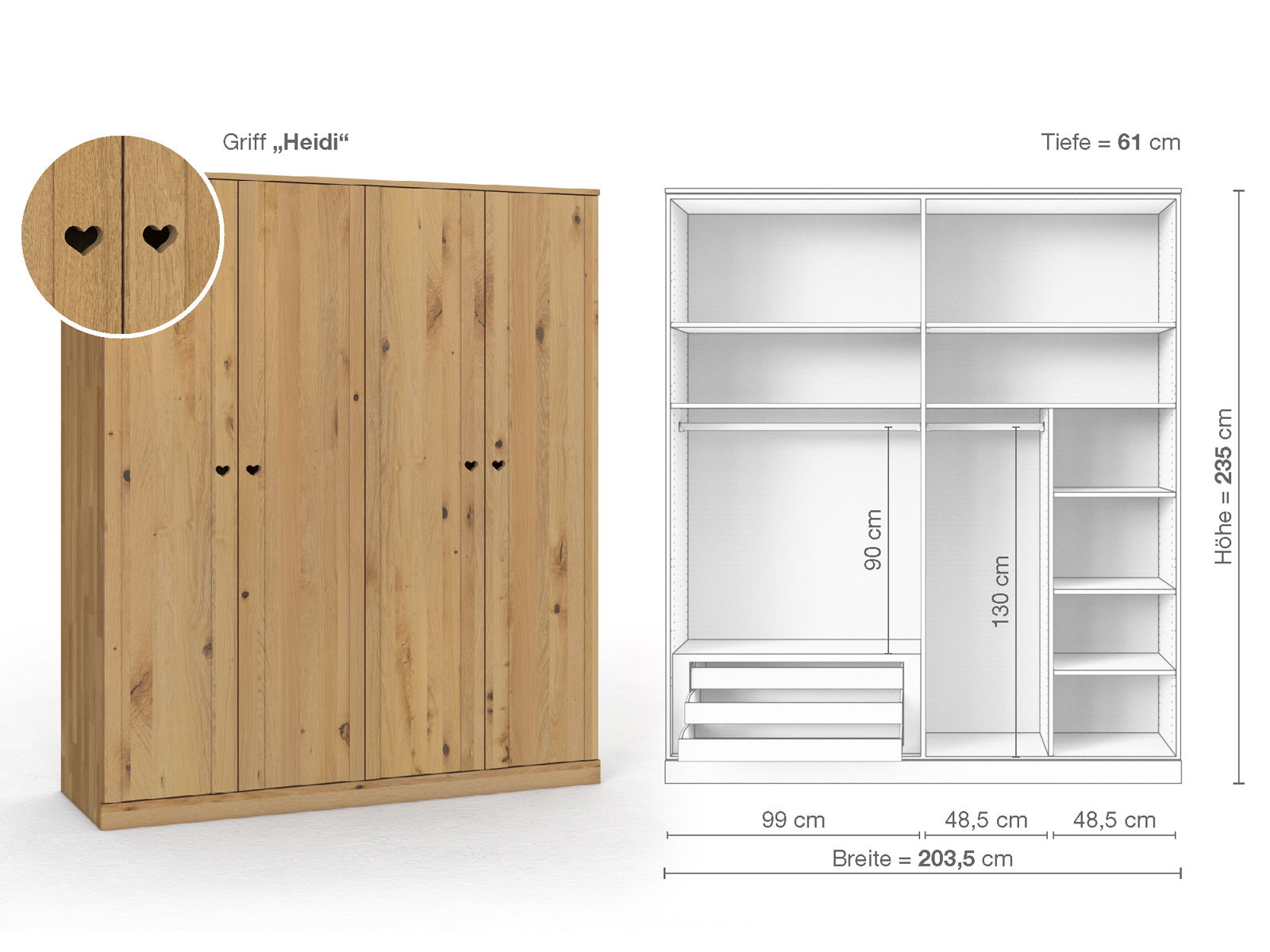 Wildeichenschrank Hell „Arnika“, 4-türig, Höhe 235 cm, Griffausführung „Heidi“, Inneneinrichtung C