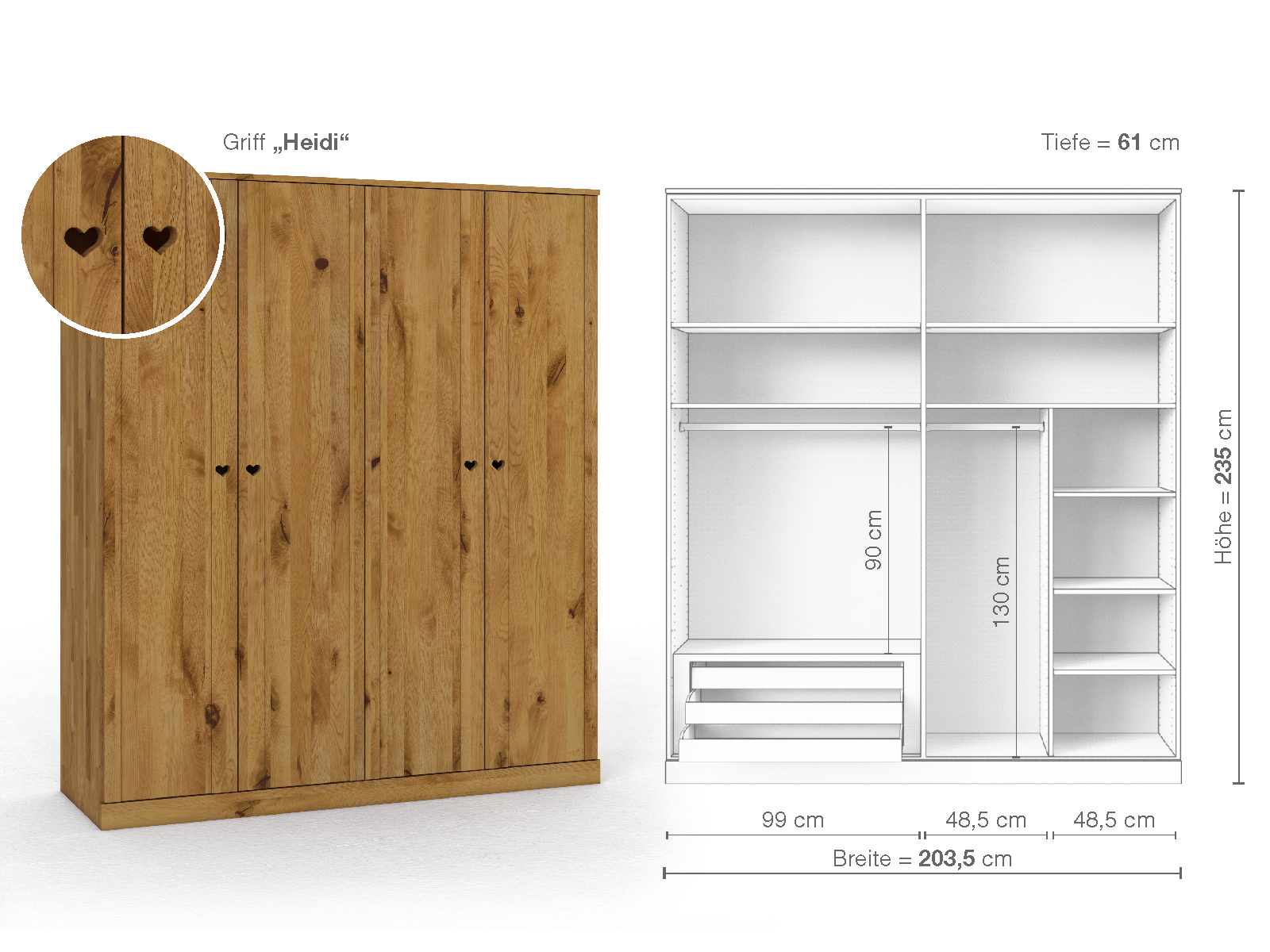 Wildeichenschrank „Arnika“, 4-türig, Höhe 235 cm, Griffausführung „Heidi“, Inneneinrichtung C