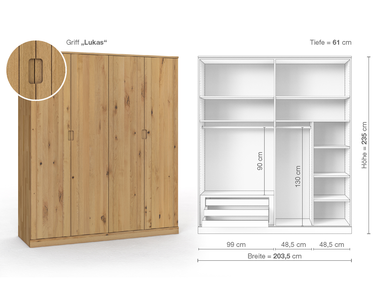 Wildeichenschrank Hell „Arnika“, 4-türig, Höhe 235 cm, Griffausführung „Lukas“, Inneneinrichtung C