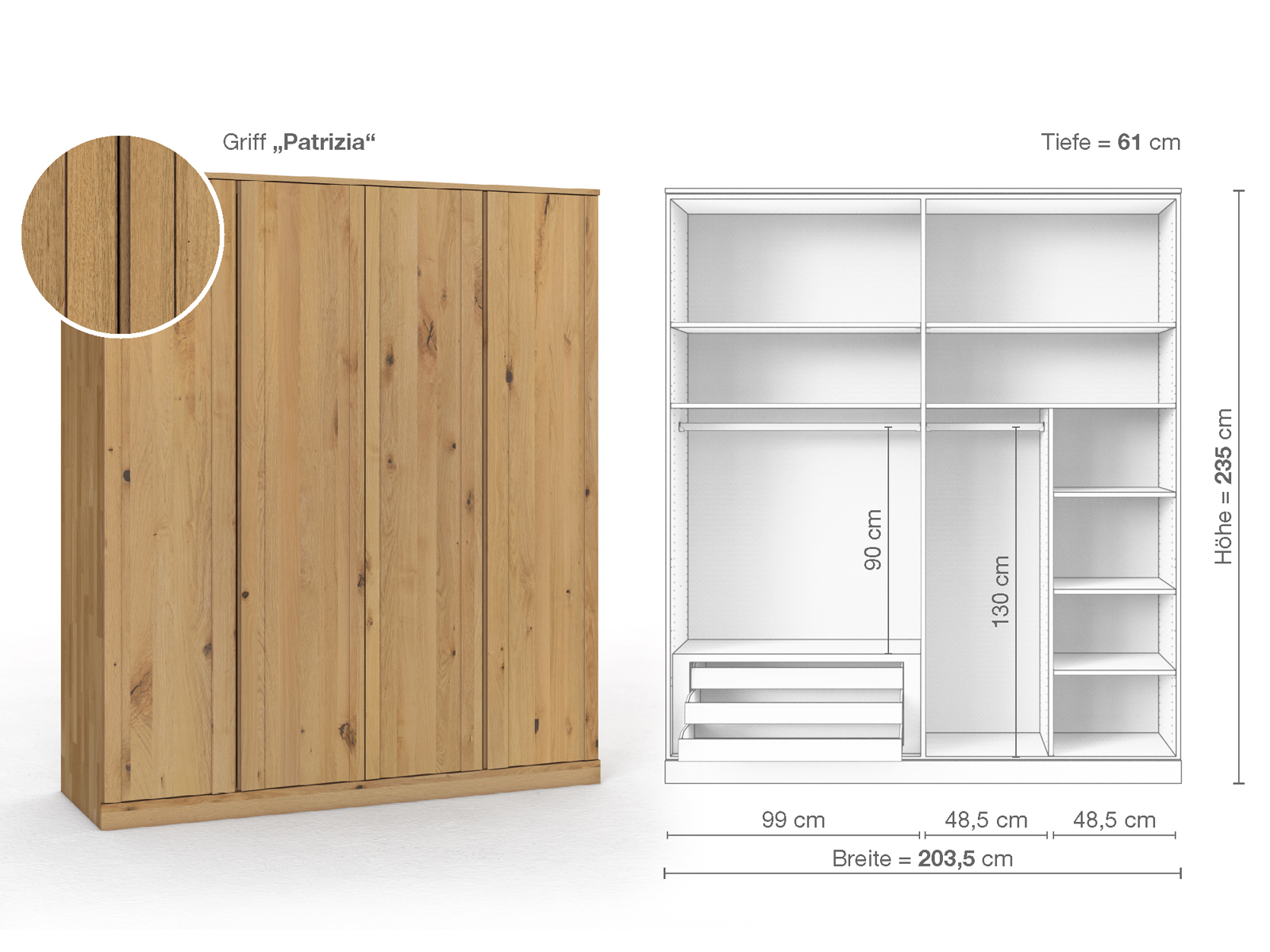 Wildeichenschrank Hell „Arnika“, 4-türig, Höhe 235 cm, Griffausführung „Patrizia“, Inneneinrichtung C