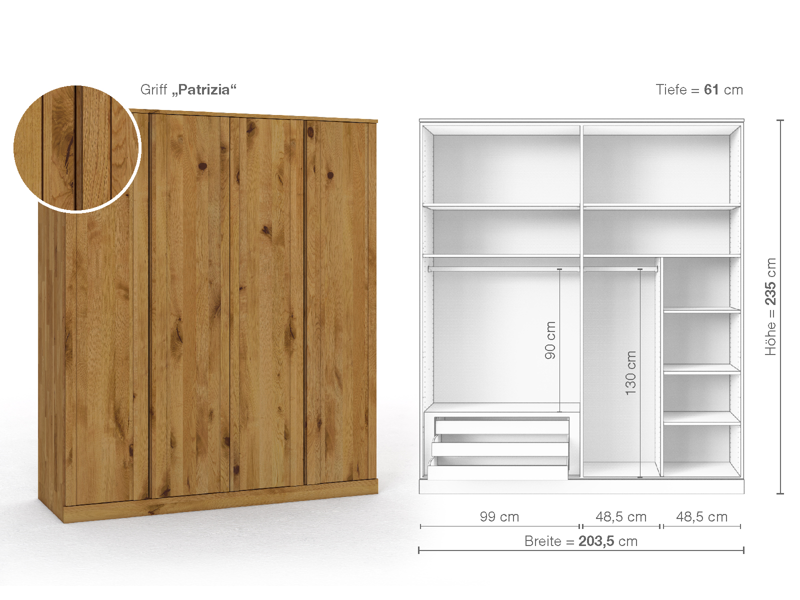 Wildeichenschrank „Arnika“, 4-türig, Höhe 235 cm, Griffausführung „Patrizia“, Inneneinrichtung C