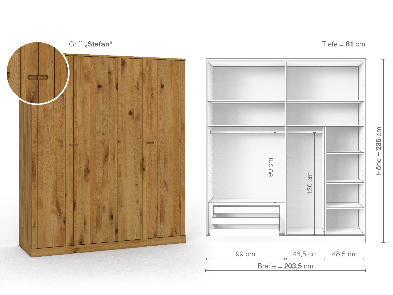 Wildeichenschrank „Arnika“, 4-türig, Höhe 235 cm, Griffausführung „Stefan“, Inneneinrichtung C