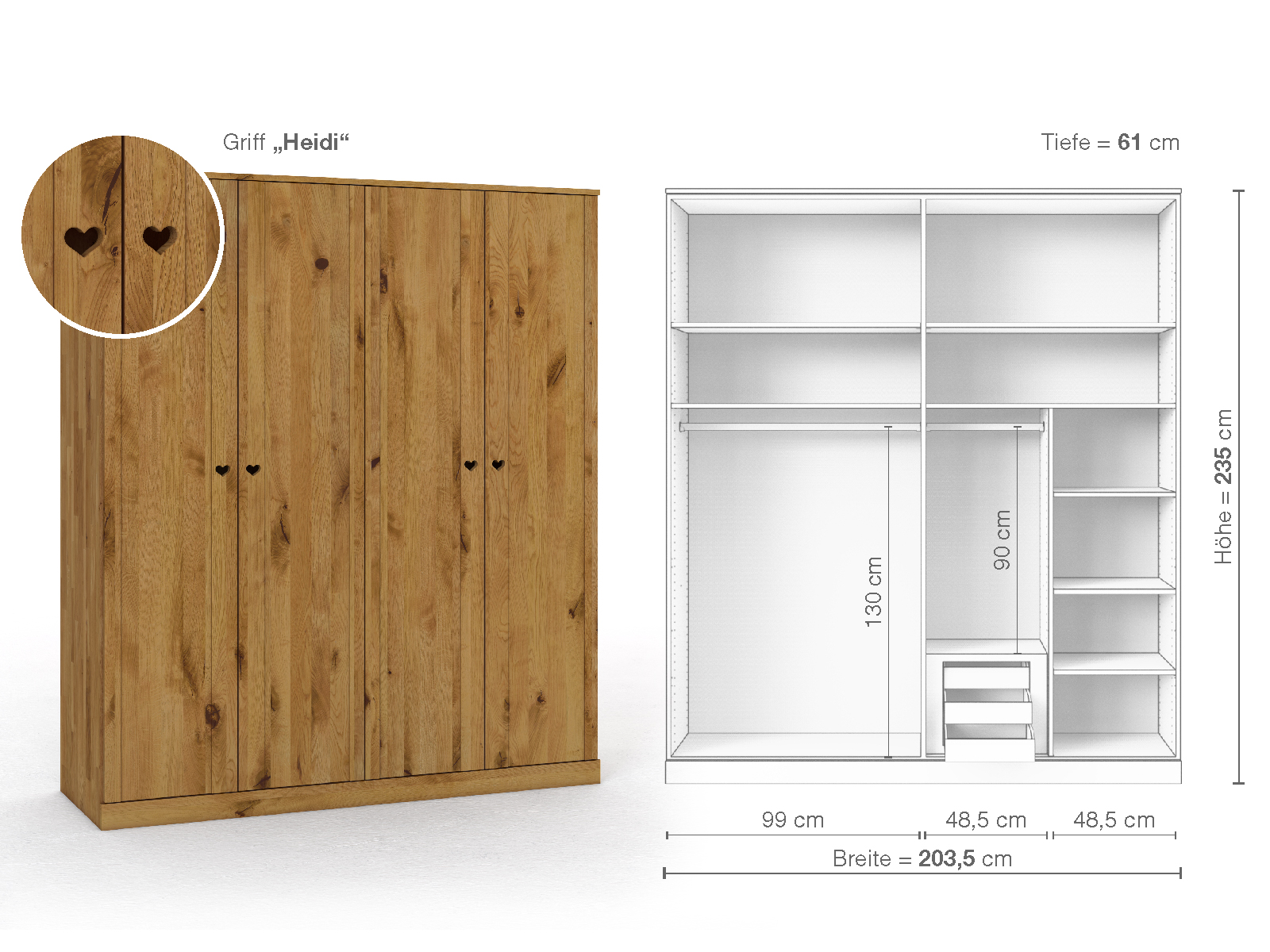 Wildeichenschrank „Arnika“, 4-türig, Höhe 235 cm, Griffausführung „Heidi“, Inneneinrichtung D