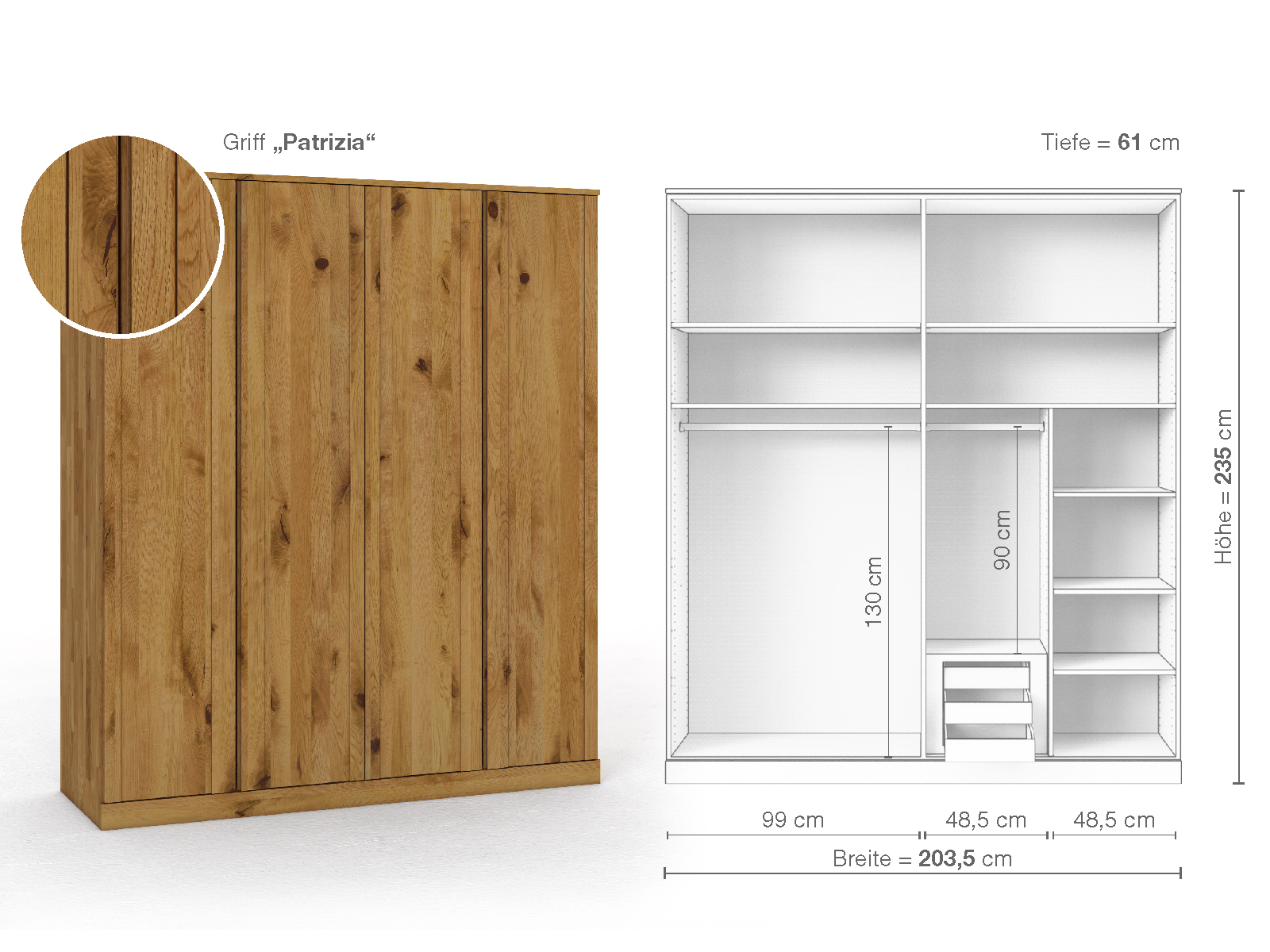 Wildeichenschrank „Arnika“, 4-türig, Höhe 235 cm, Griffausführung „Patrizia“, Inneneinrichtung D