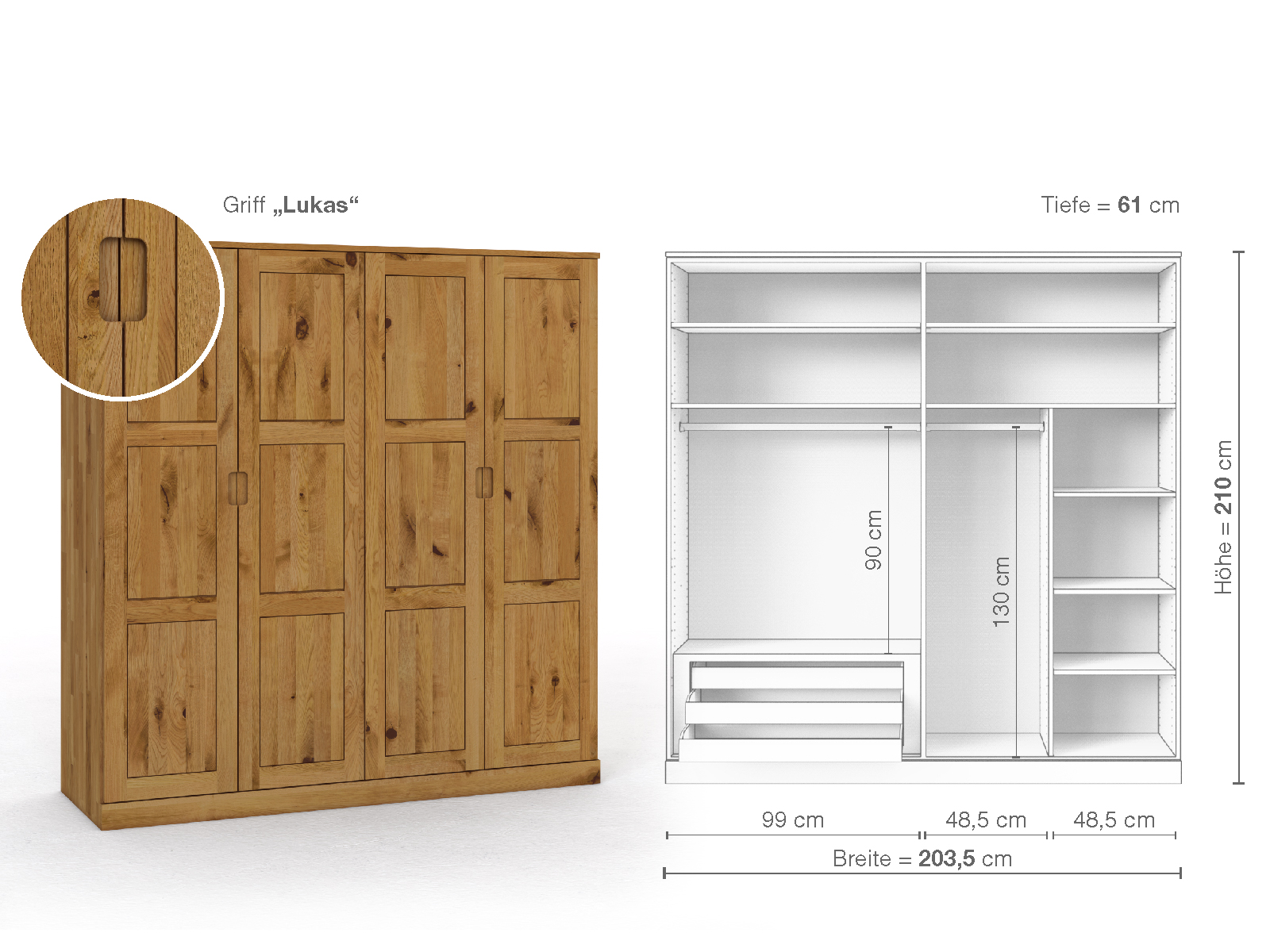 Schrank „Enzian“ aus Wildeiche, 4-türig, Höhe 210 cm, Griffausführung „Lukas“, Inneneinrichtung C