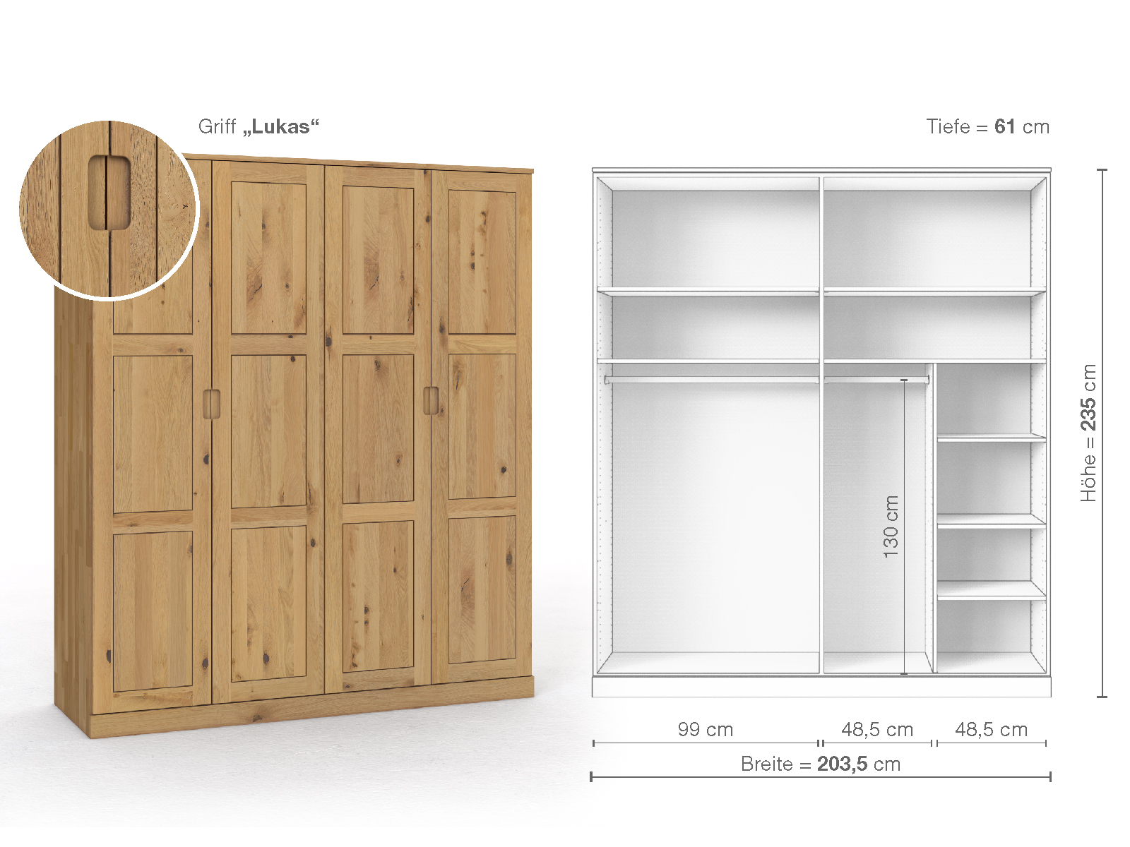 Schrank „Enzian“ aus Wildeiche Hell, 4-türig, Höhe 235 cm, Griffausführung „Lukas“, Inneneinrichtung B