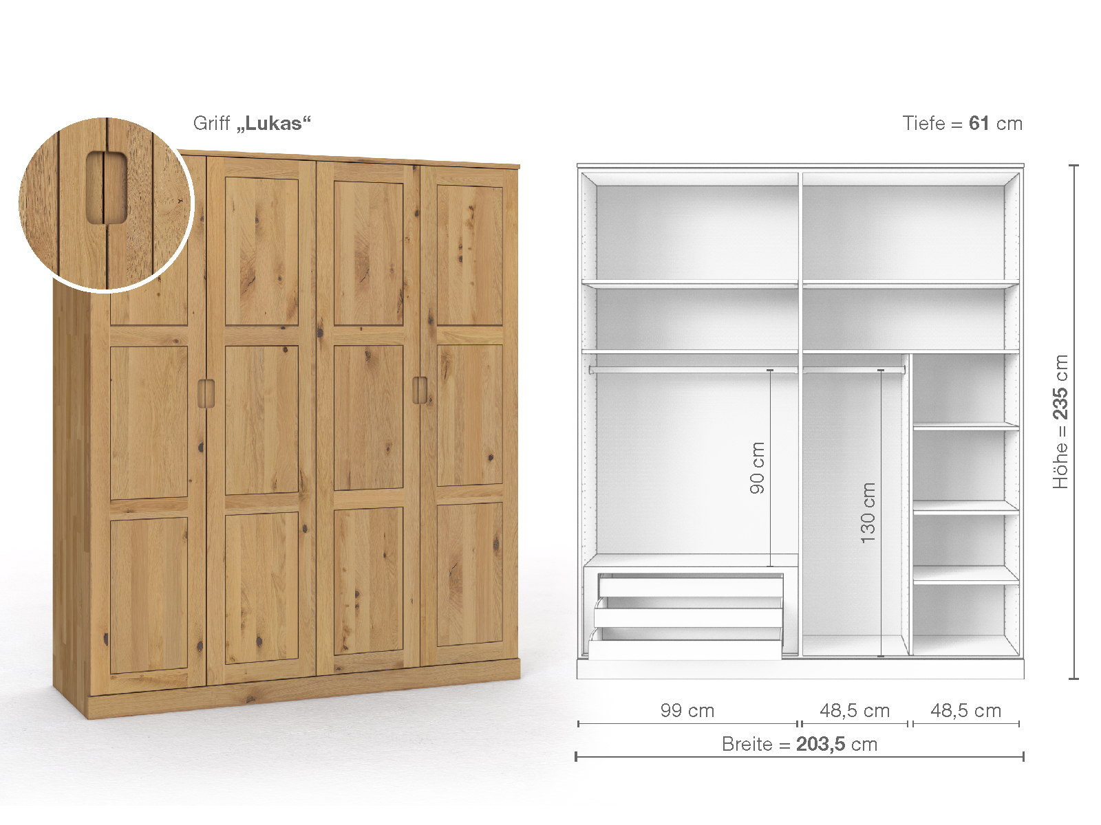 Schrank „Enzian“ aus Wildeiche Hell, 4-türig, Höhe 235 cm, Griffausführung „Lukas“, Inneneinrichtung C