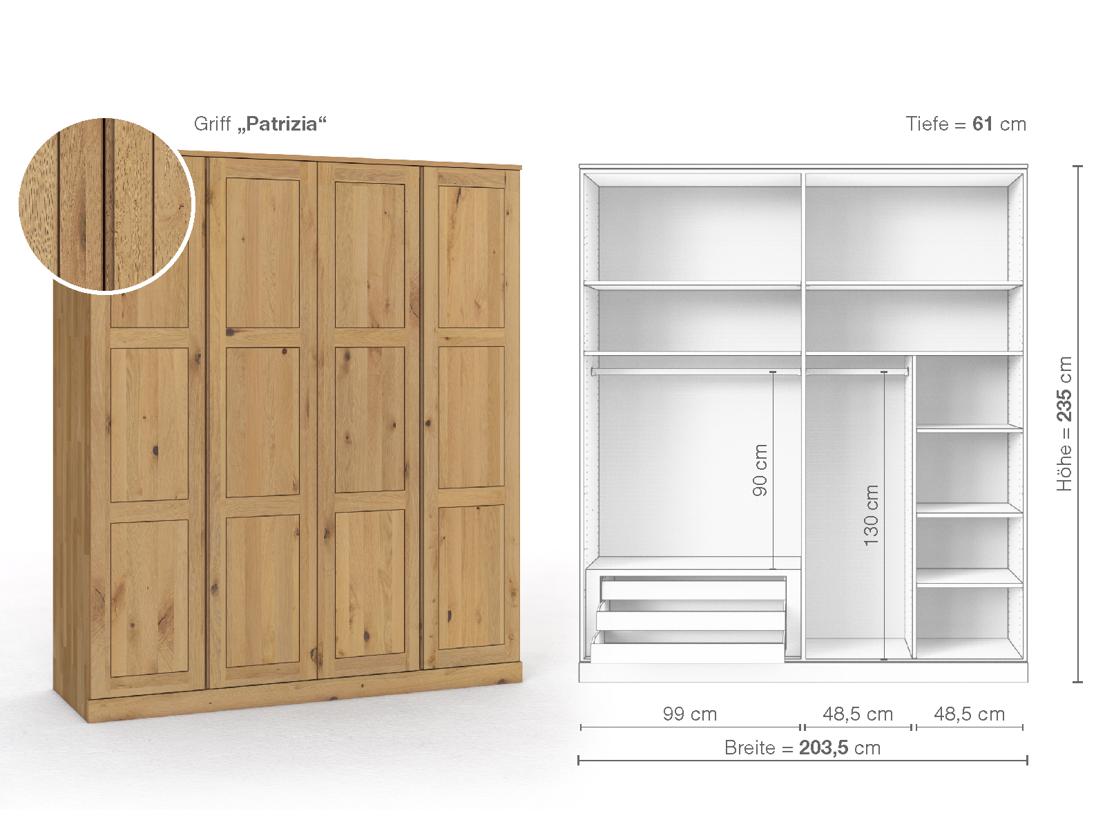Schrank „Enzian“ aus Wildeiche Hell, 4-türig, Höhe 235 cm, Griffausführung „Patrizia“, Inneneinrichtung C