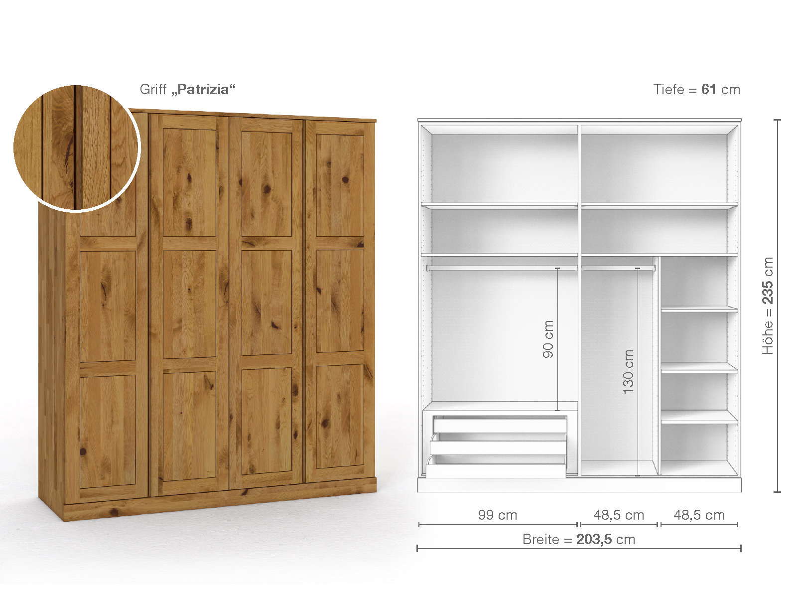 Schrank „Enzian“ aus Wildeiche, 4-türig, Höhe 235 cm, Griffausführung „Patrizia“, Inneneinrichtung C