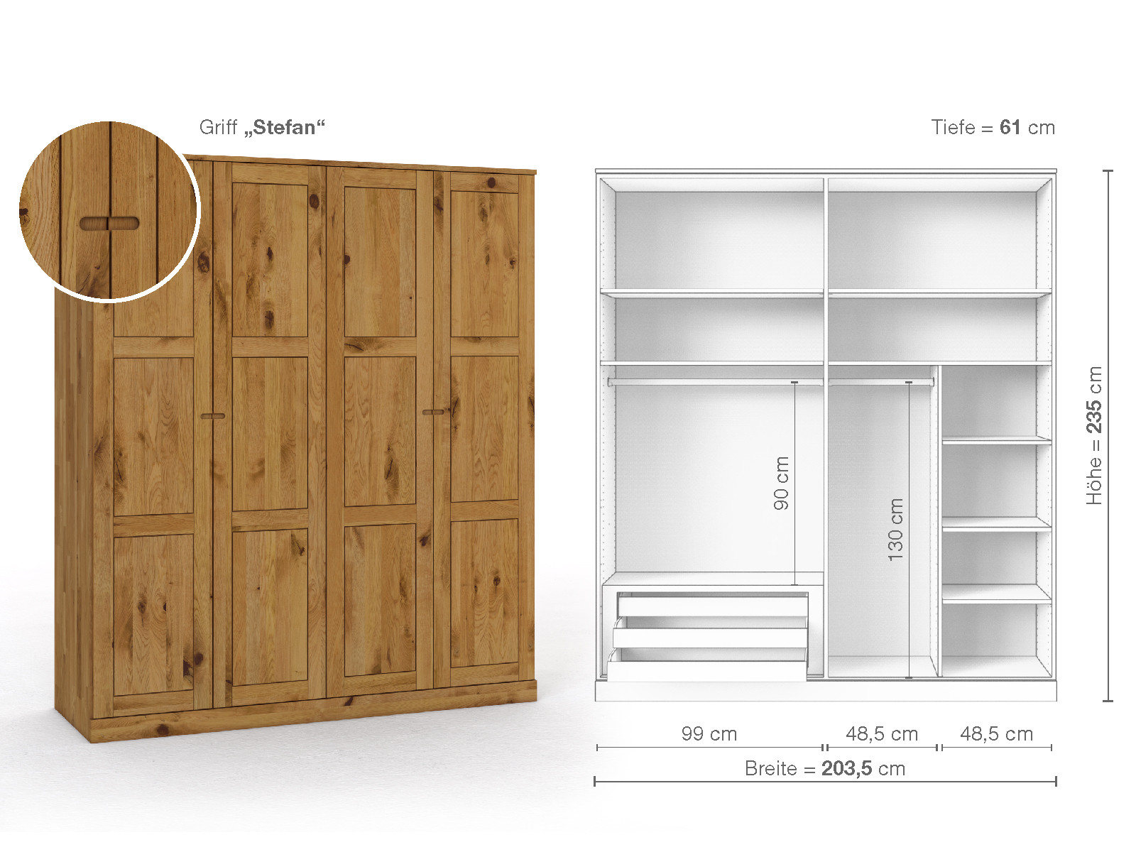 Schrank „Enzian“ aus Wildeiche, 4-türig, Höhe 235 cm, Griffausführung „Stefan“, Inneneinrichtung C