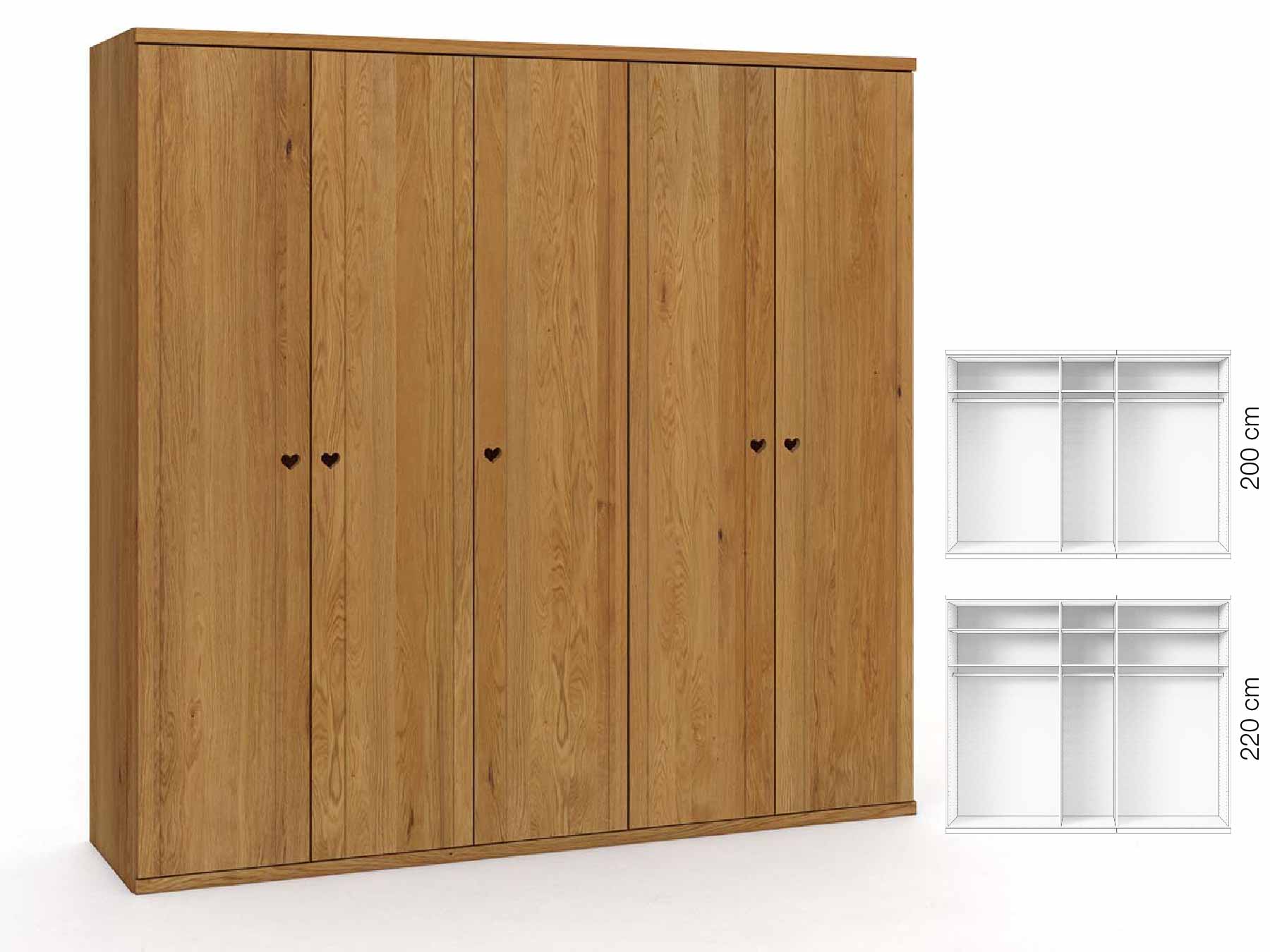 Eichenschrank „Egon“, 5-türig, Höhe 220 cm, Griffausführung „Heidi“, Inneneinrichtung: A